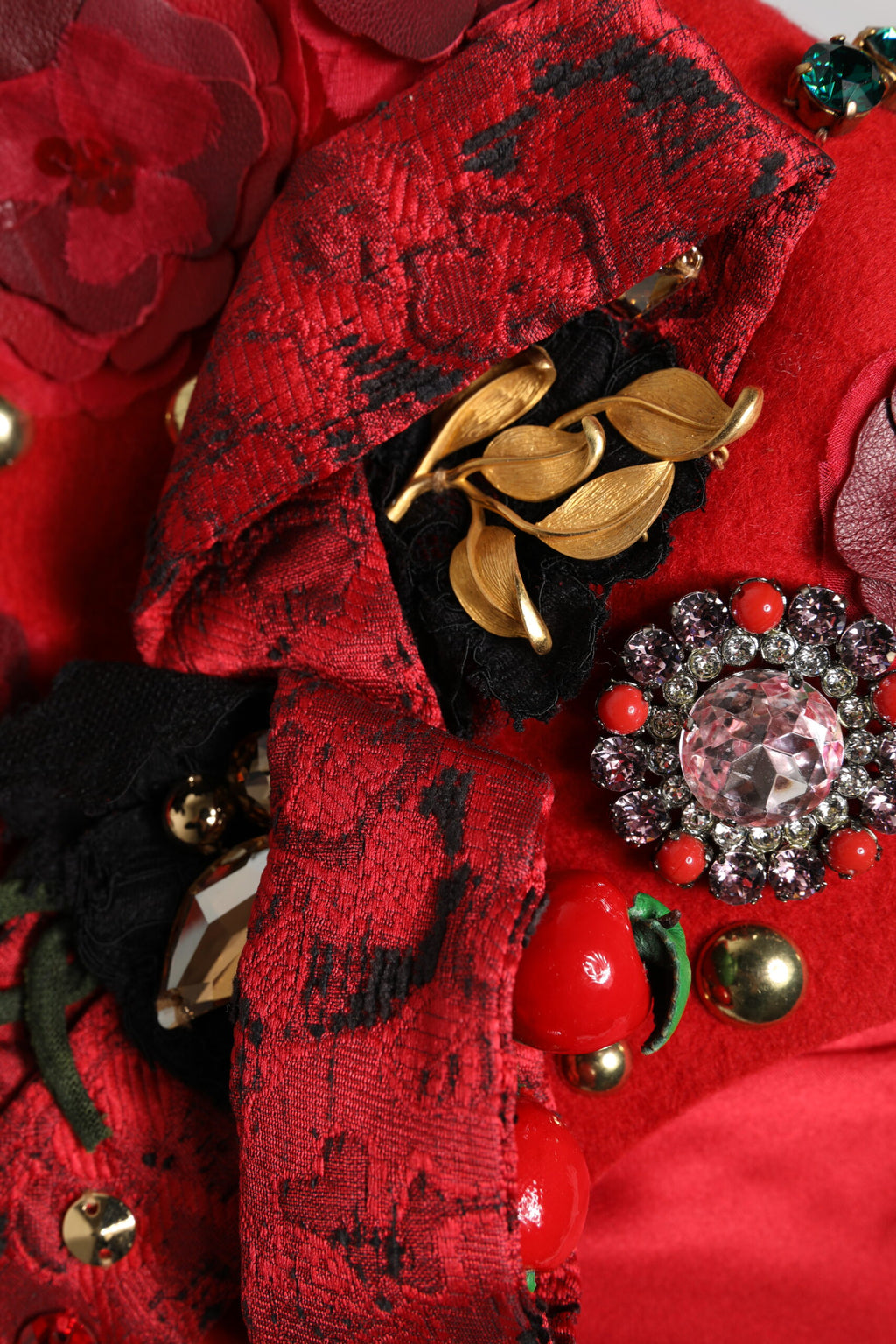 Dolce & Gabbana Red Crystal Gold Rose Brooch Embellished Hat