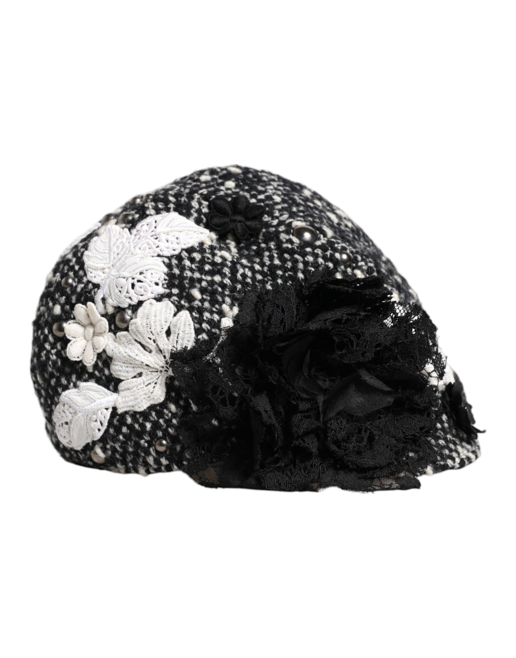 Dolce & Gabbana Black Wool Cloche Hat with White Floral Embellishment