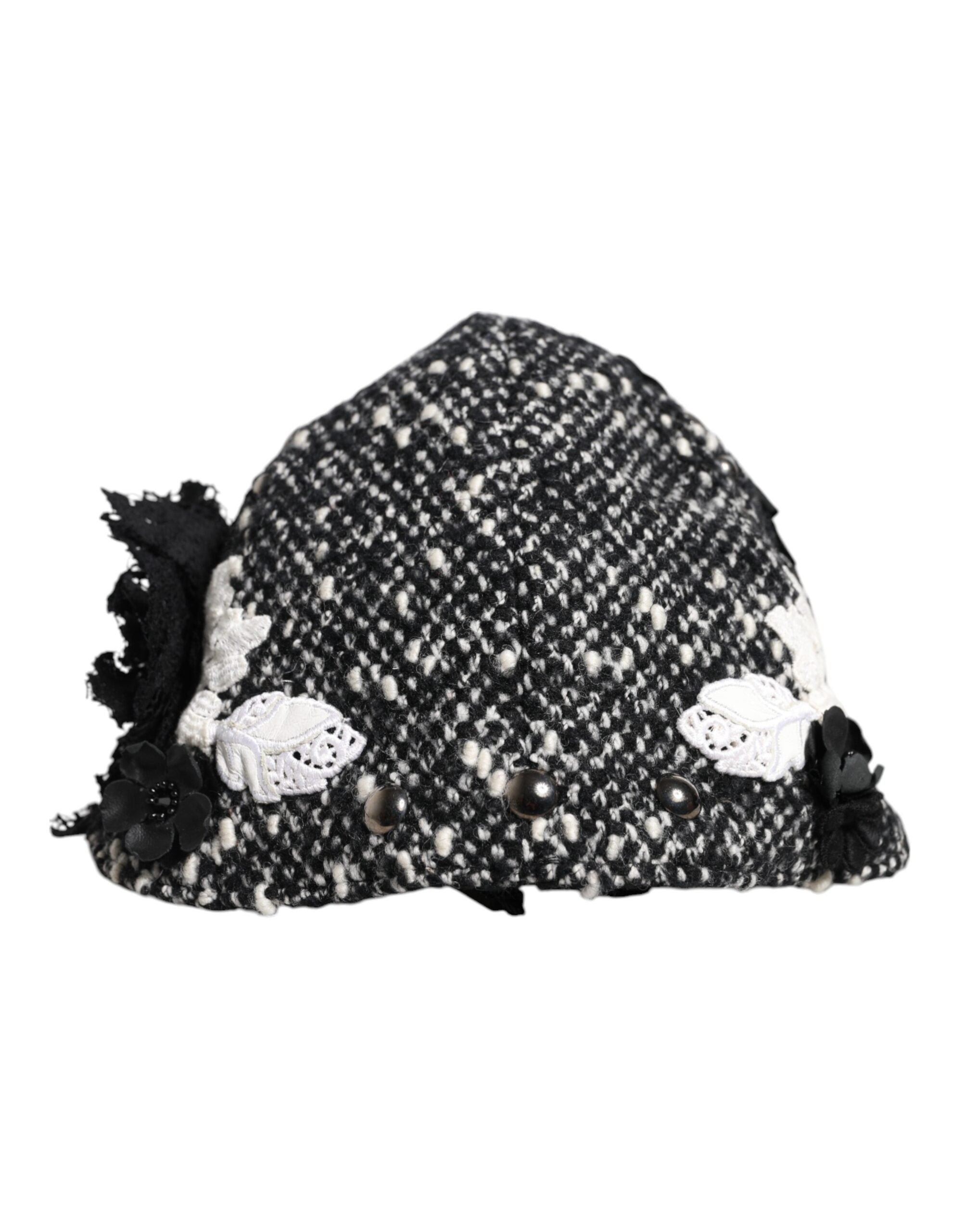 Dolce & Gabbana Black Wool Cloche Hat with White Floral Embellishment