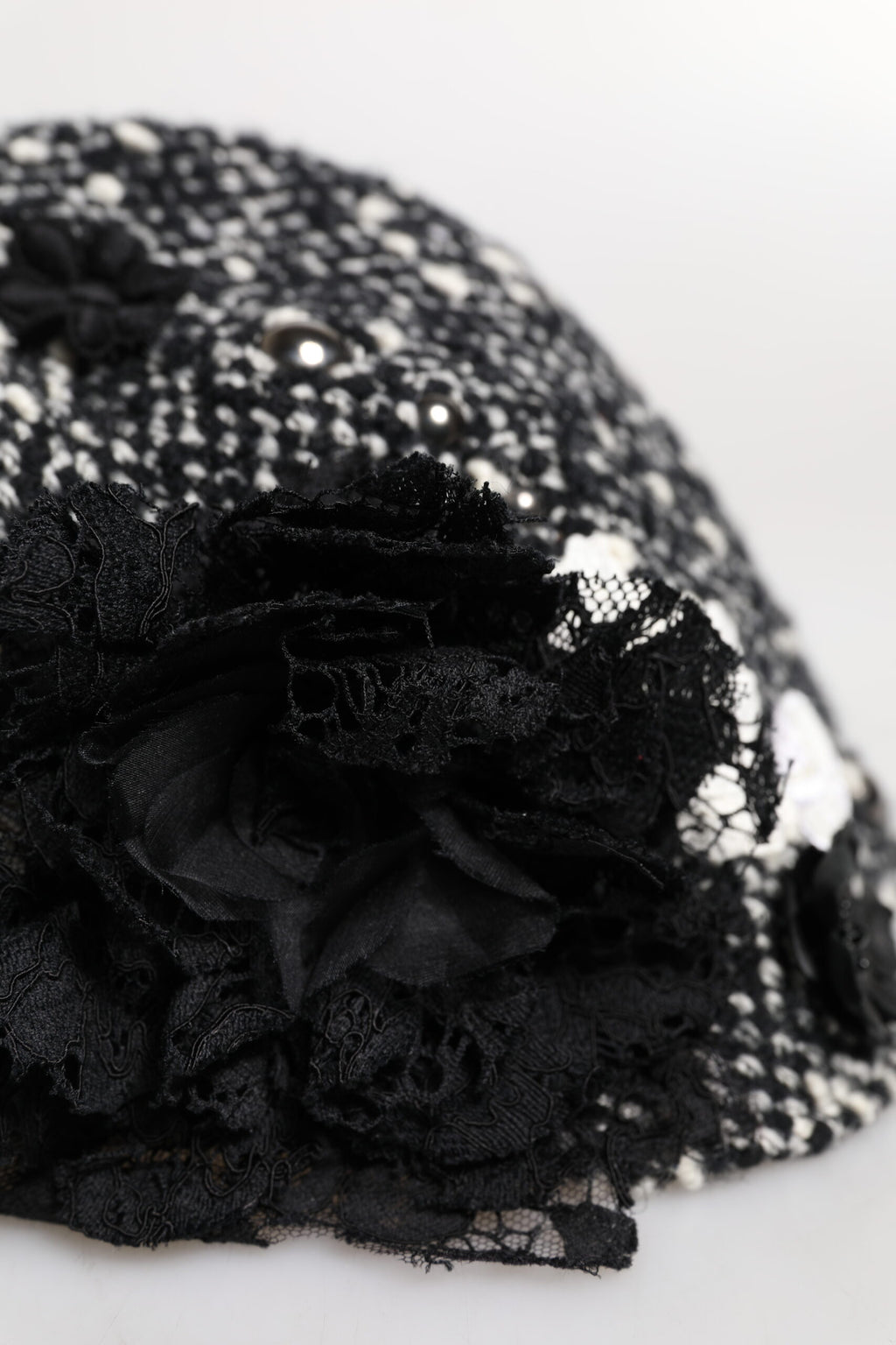Dolce & Gabbana Black Wool Cloche Hat with White Floral Embellishment