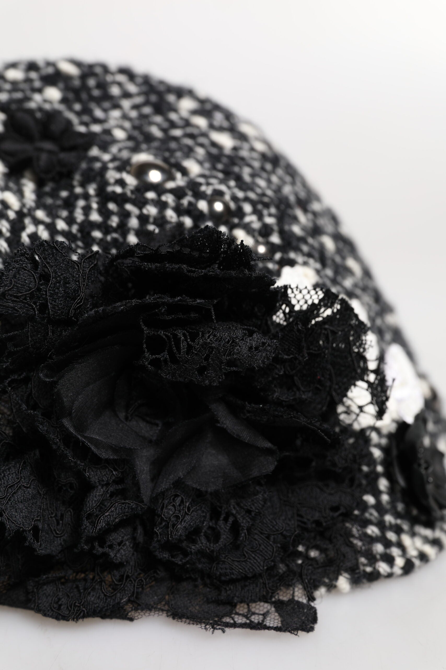 Dolce & Gabbana Black Wool Cloche Hat with White Floral Embellishment