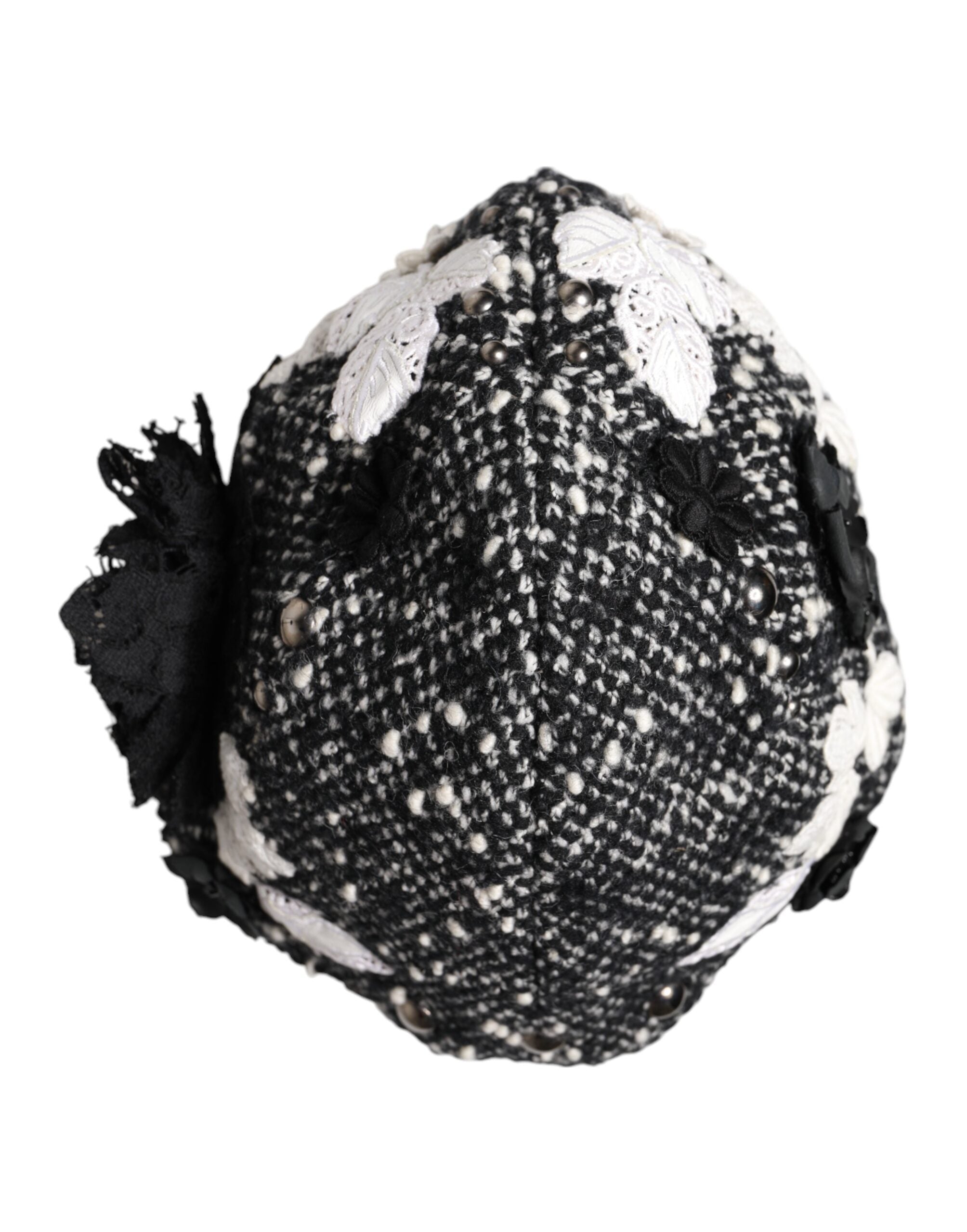 Dolce & Gabbana Black Wool Cloche Hat with White Floral Embellishment