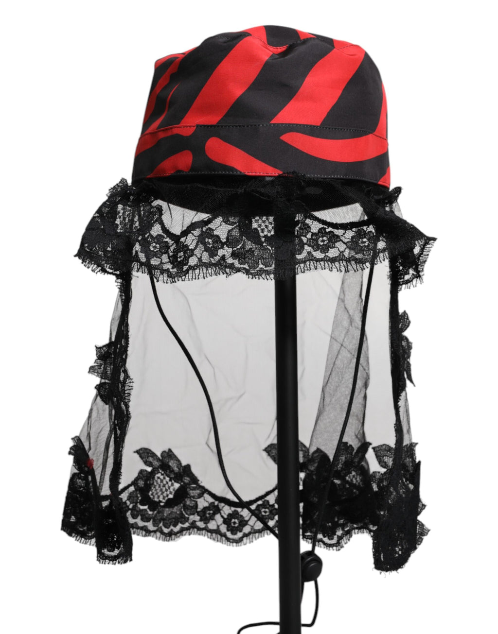Dolce & Gabbana Black Red Striped Lace Tulle Bucket Hat