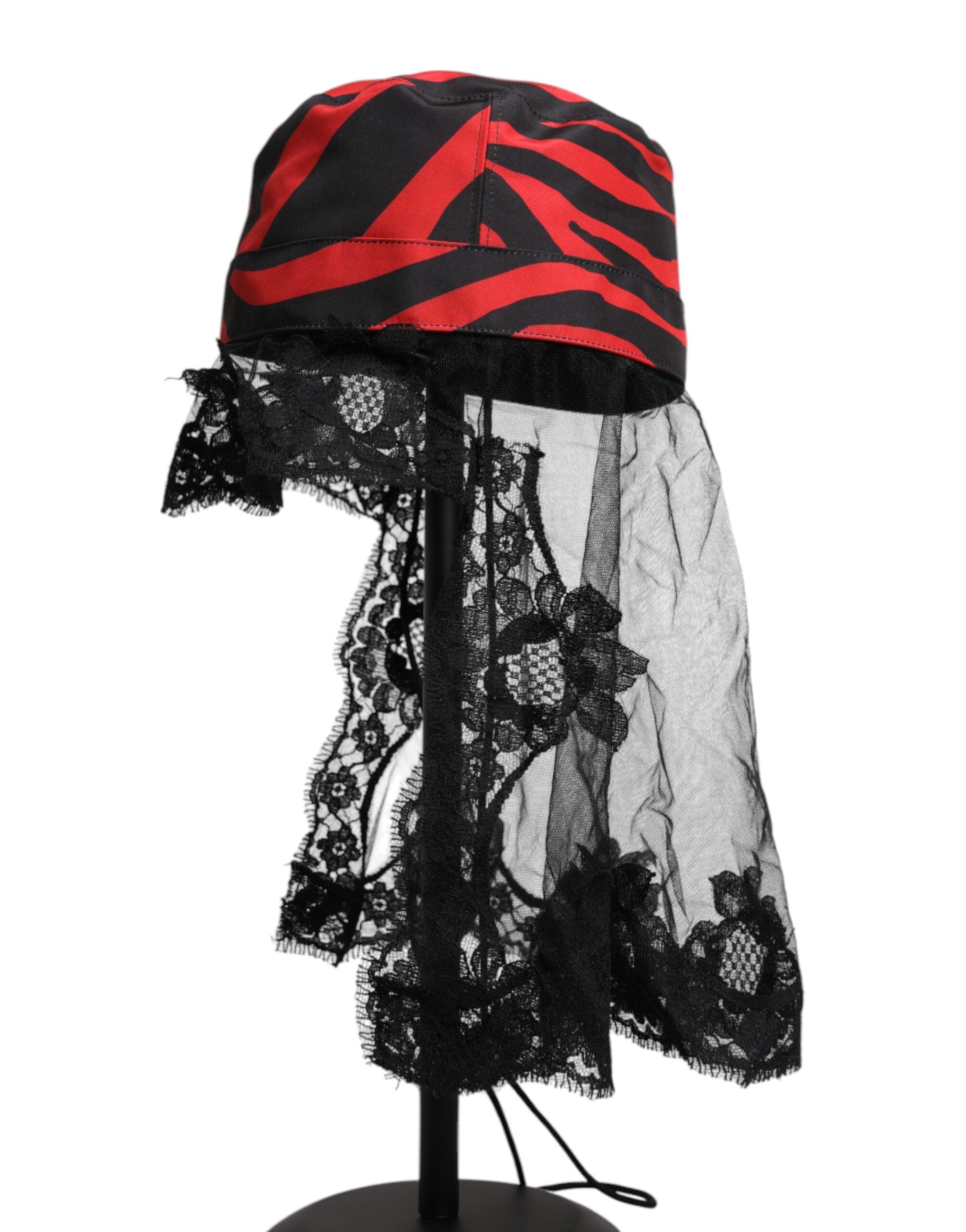Dolce & Gabbana Black Red Striped Lace Tulle Bucket Hat