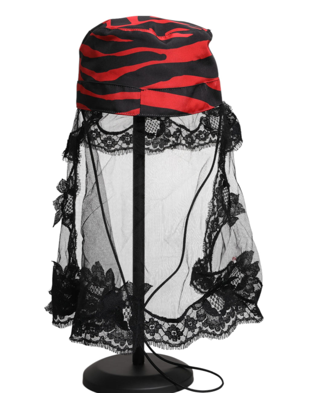 Dolce & Gabbana Black Red Striped Lace Tulle Bucket Hat