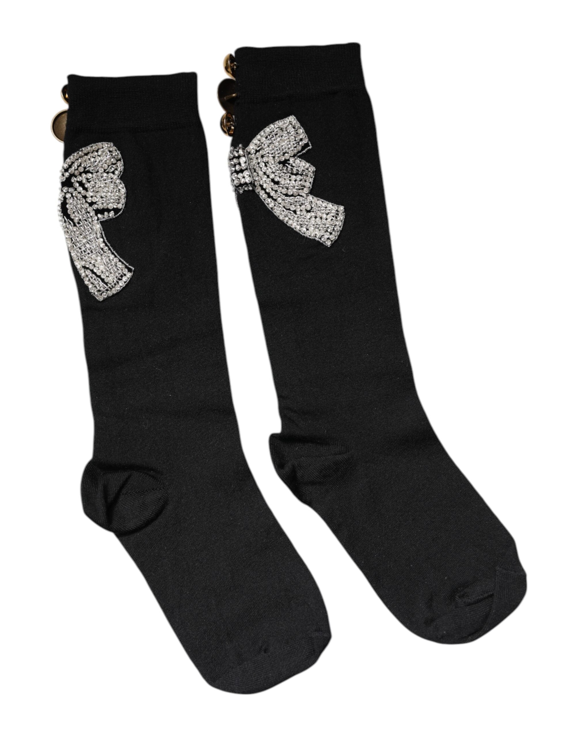 Dolce & Gabbana Black Knitted Socks with Floral Crystal Embellishment