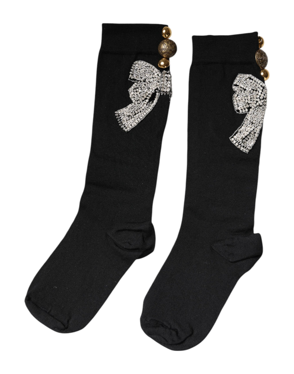 Dolce & Gabbana Black Knitted Socks with Floral Crystal Embellishment