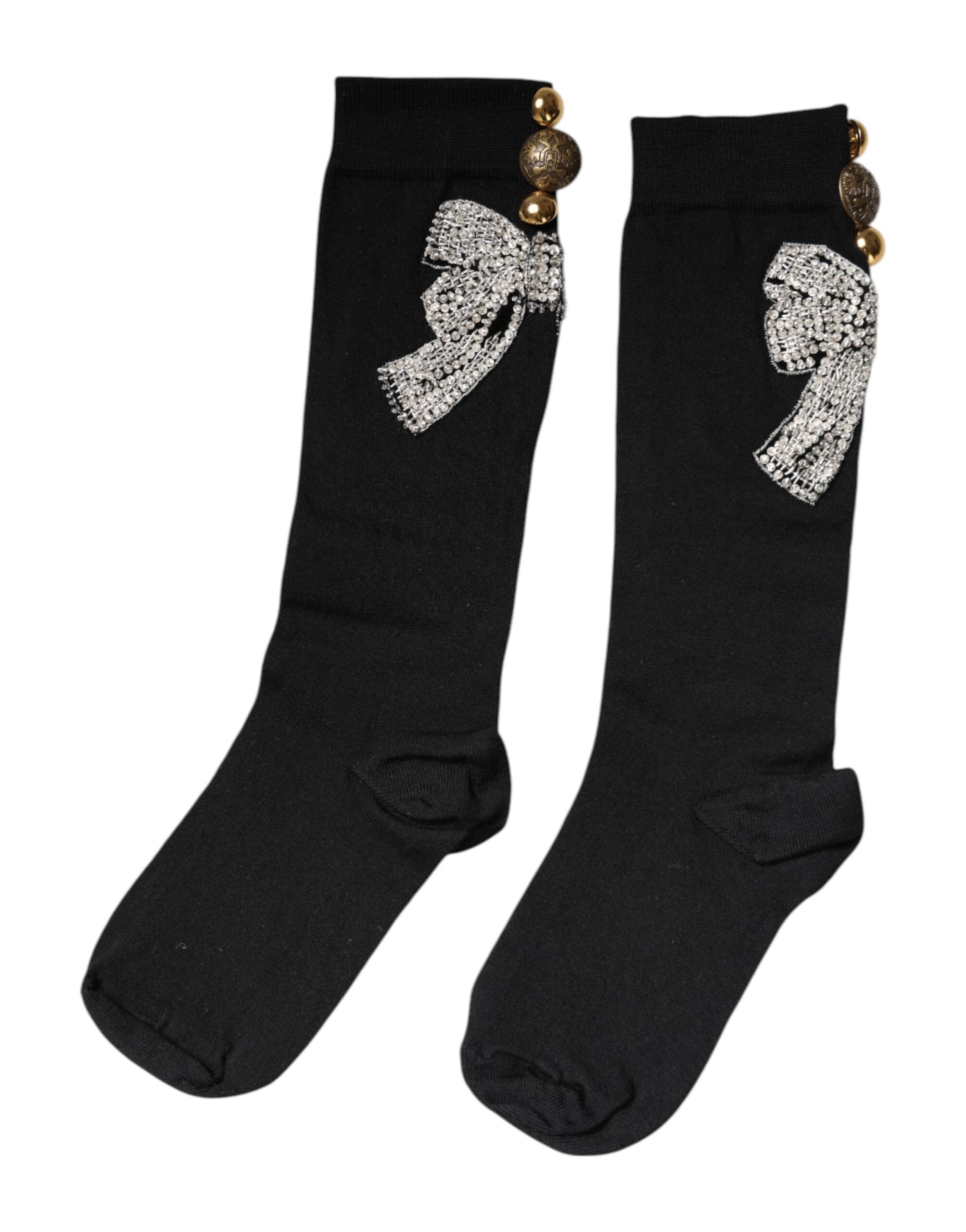 Dolce & Gabbana Black Knitted Socks with Floral Crystal Embellishment