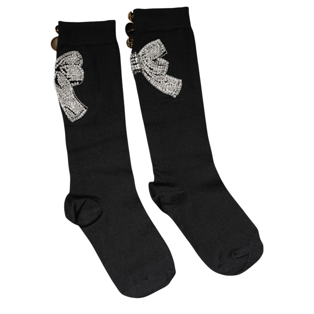 Dolce & Gabbana Black Knitted Socks with Floral Crystal Embellishment