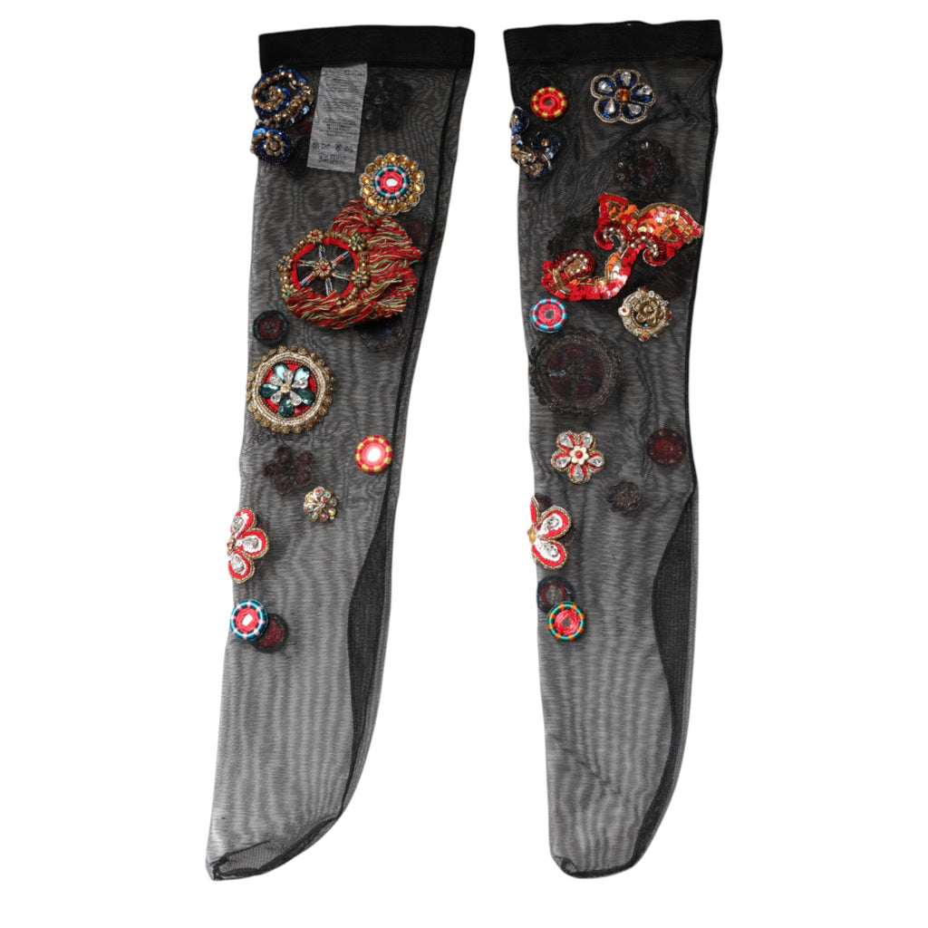 Dolce & Gabbana Black Stretch Carretto Crystal Tights Socks