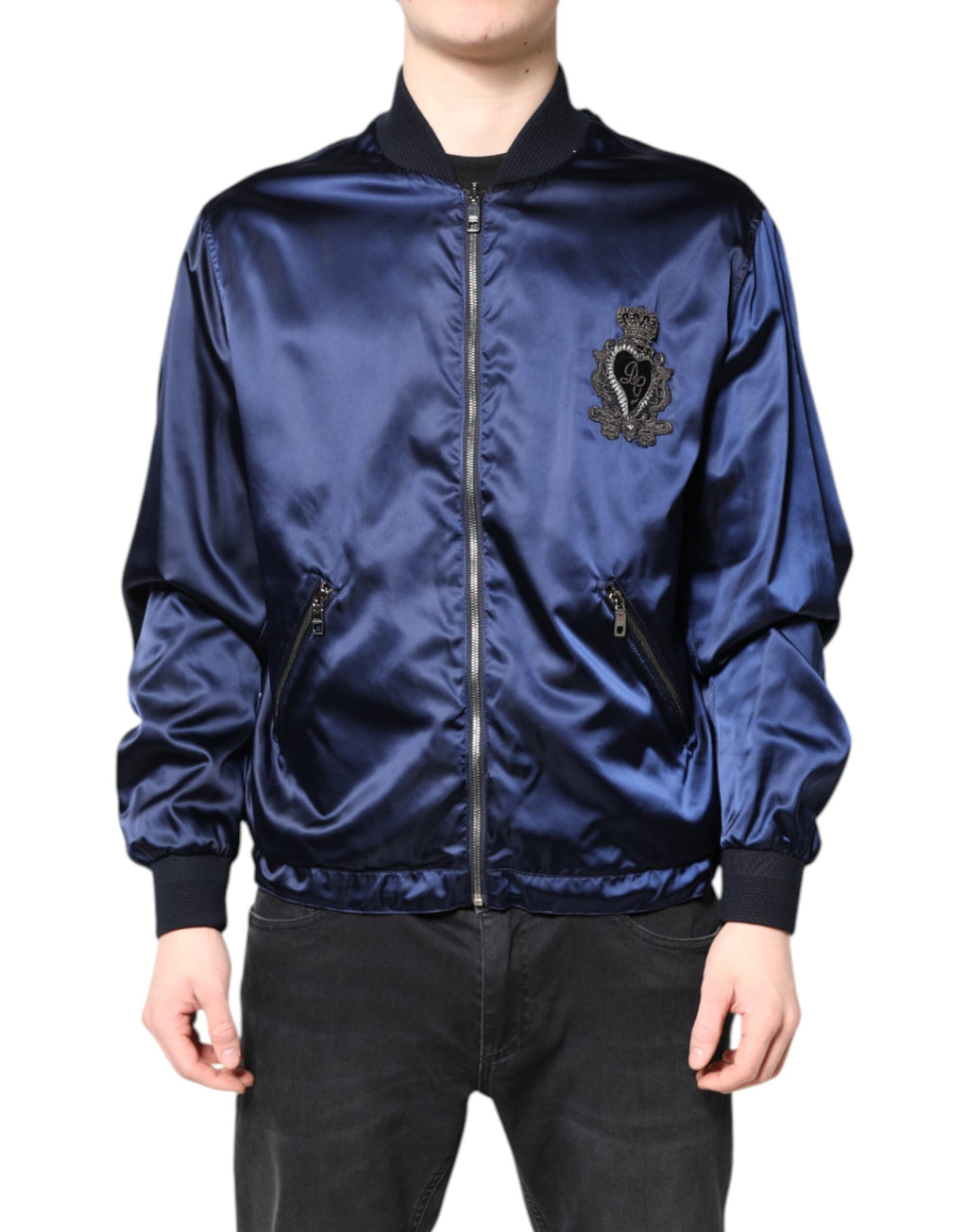 Dolce & Gabbana Blue Nylon DG Crown Full-Zip Bomber Jacket
