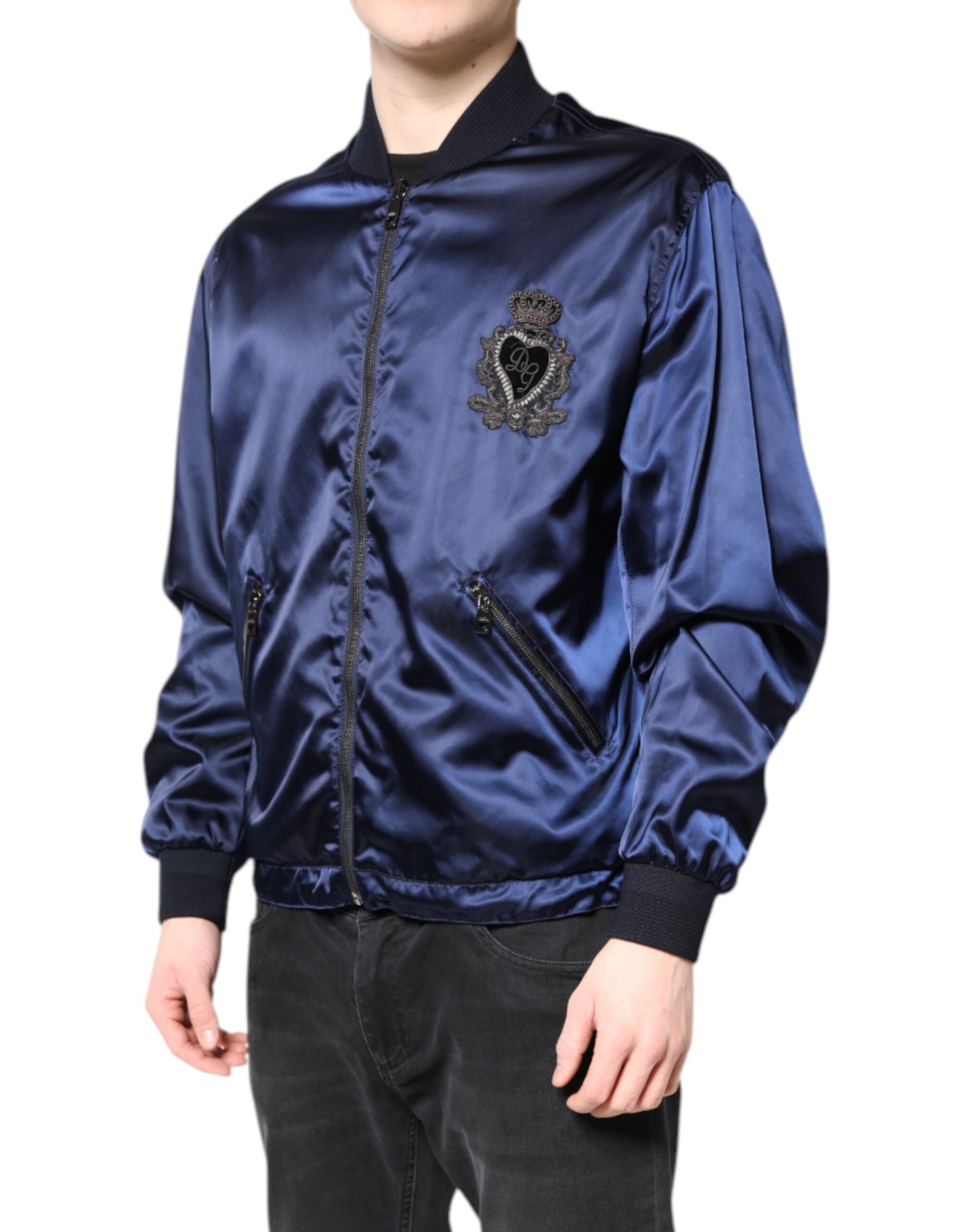Dolce & Gabbana Blue Nylon DG Crown Full-Zip Bomber Jacket