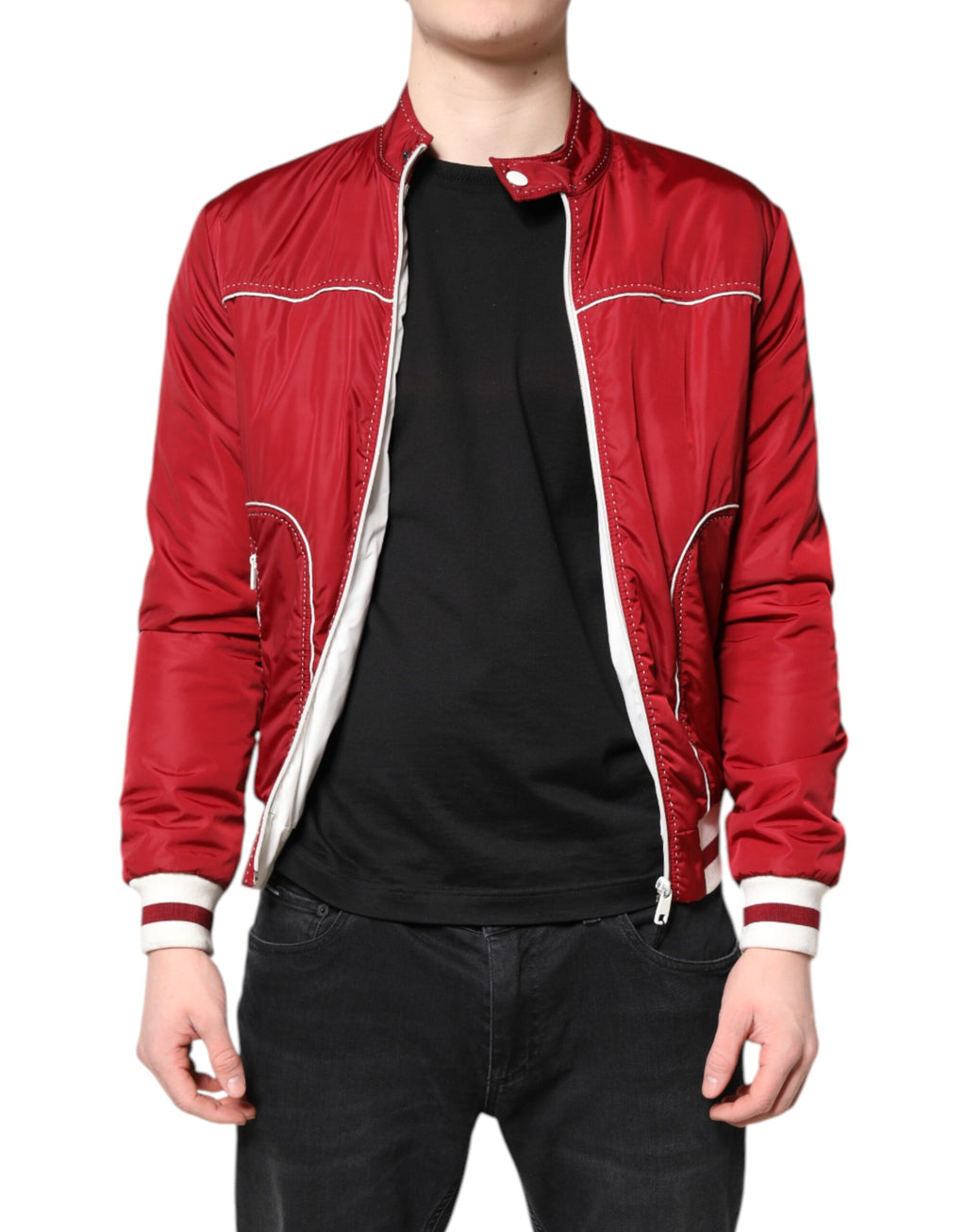 Dolce & Gabbana Red White Nylon Full Zip Men's Bomber Jacket