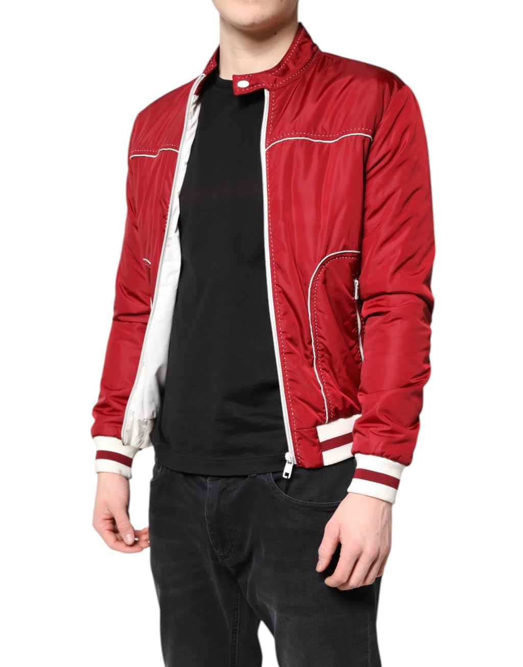 Dolce & Gabbana Red White Nylon Full Zip Men's Bomber Jacket