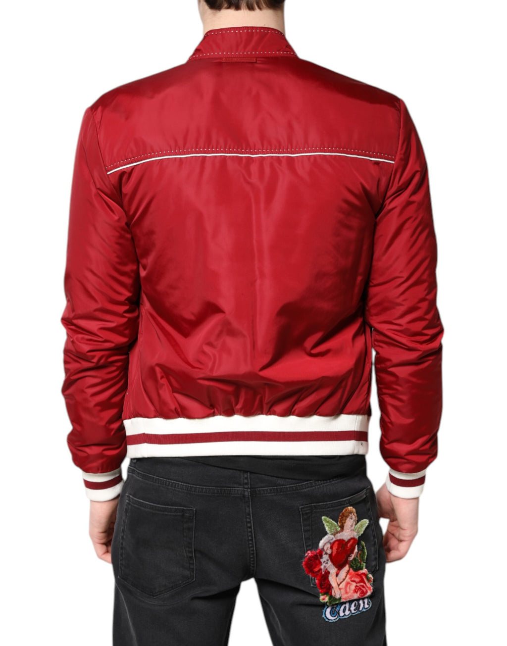 Dolce & Gabbana Red White Nylon Full Zip Men's Bomber Jacket