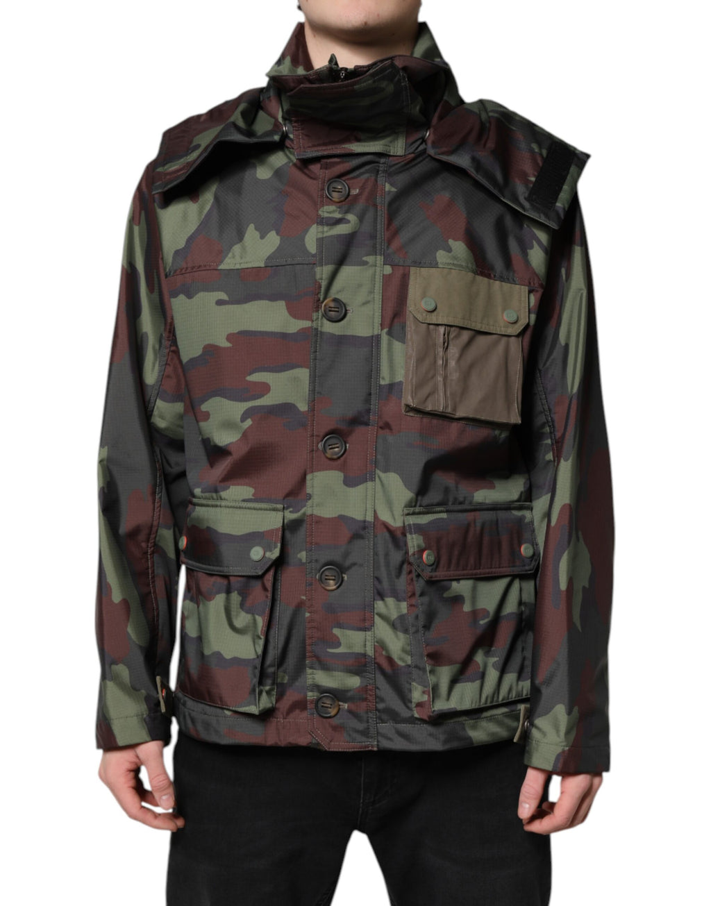 Dolce & Gabbana Multicolor Camouflage Jacket with Hood and Buttons