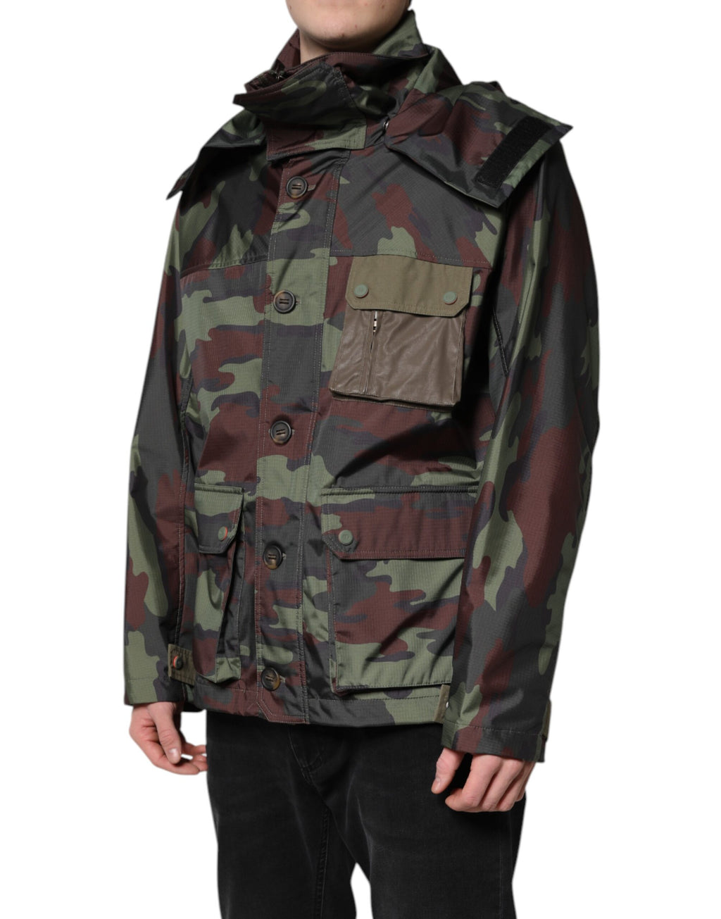 Dolce & Gabbana Multicolor Camouflage Jacket with Hood and Buttons