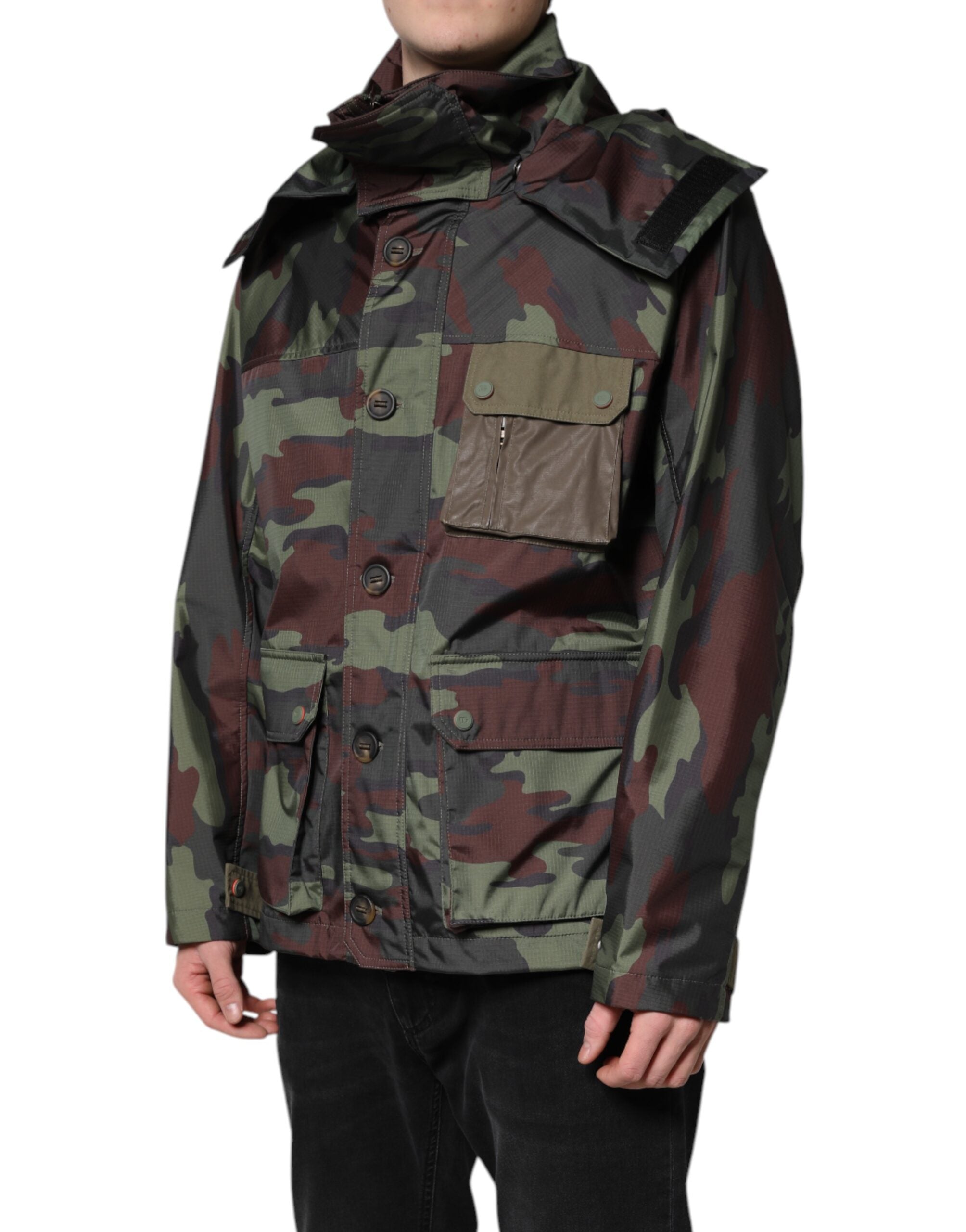 Dolce & Gabbana Multicolor Camouflage Jacket with Hood and Buttons