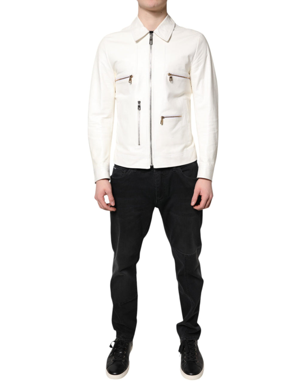 Dolce & Gabbana White Full-Zip Biker Coat