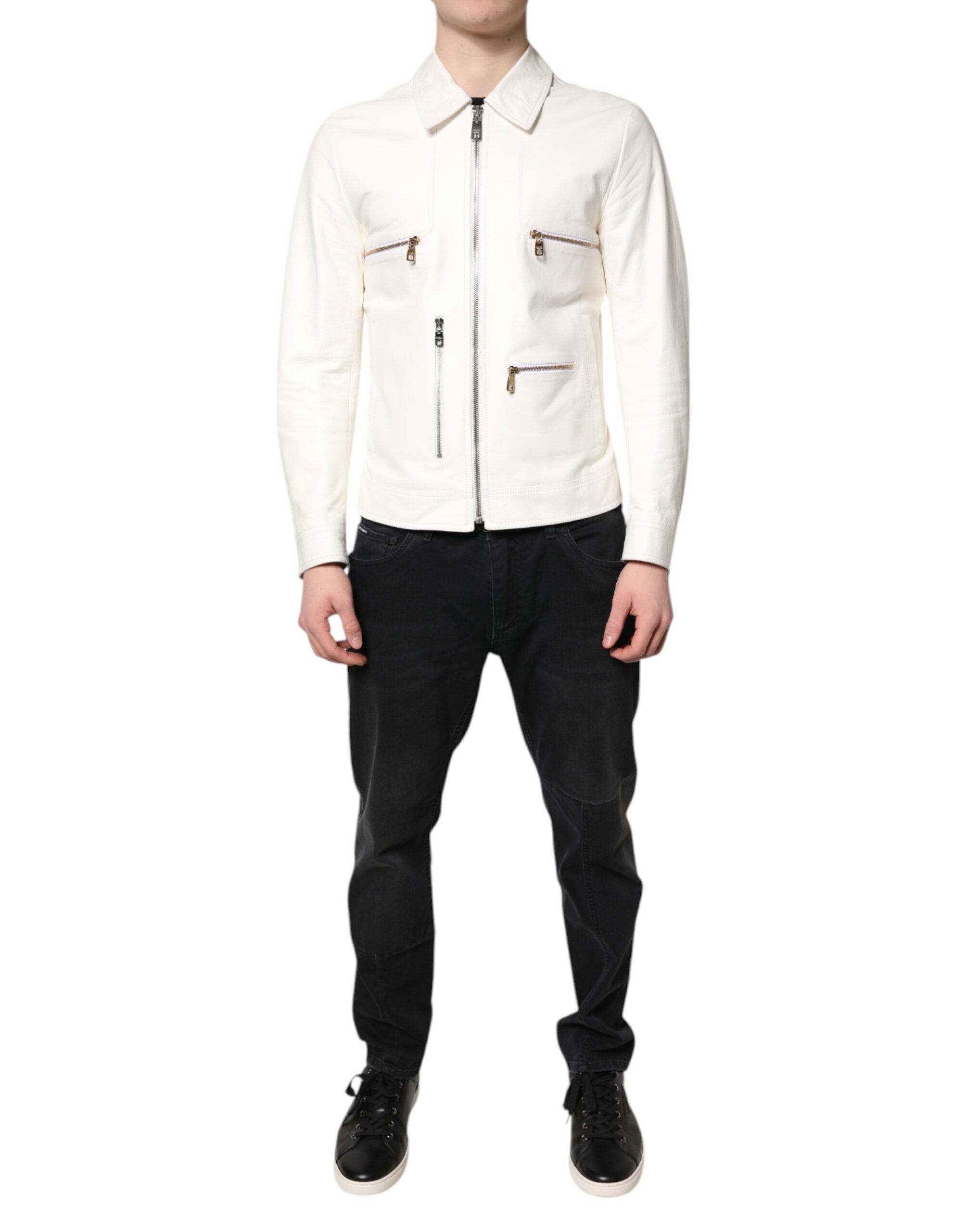 Dolce & Gabbana White Full-Zip Biker Coat