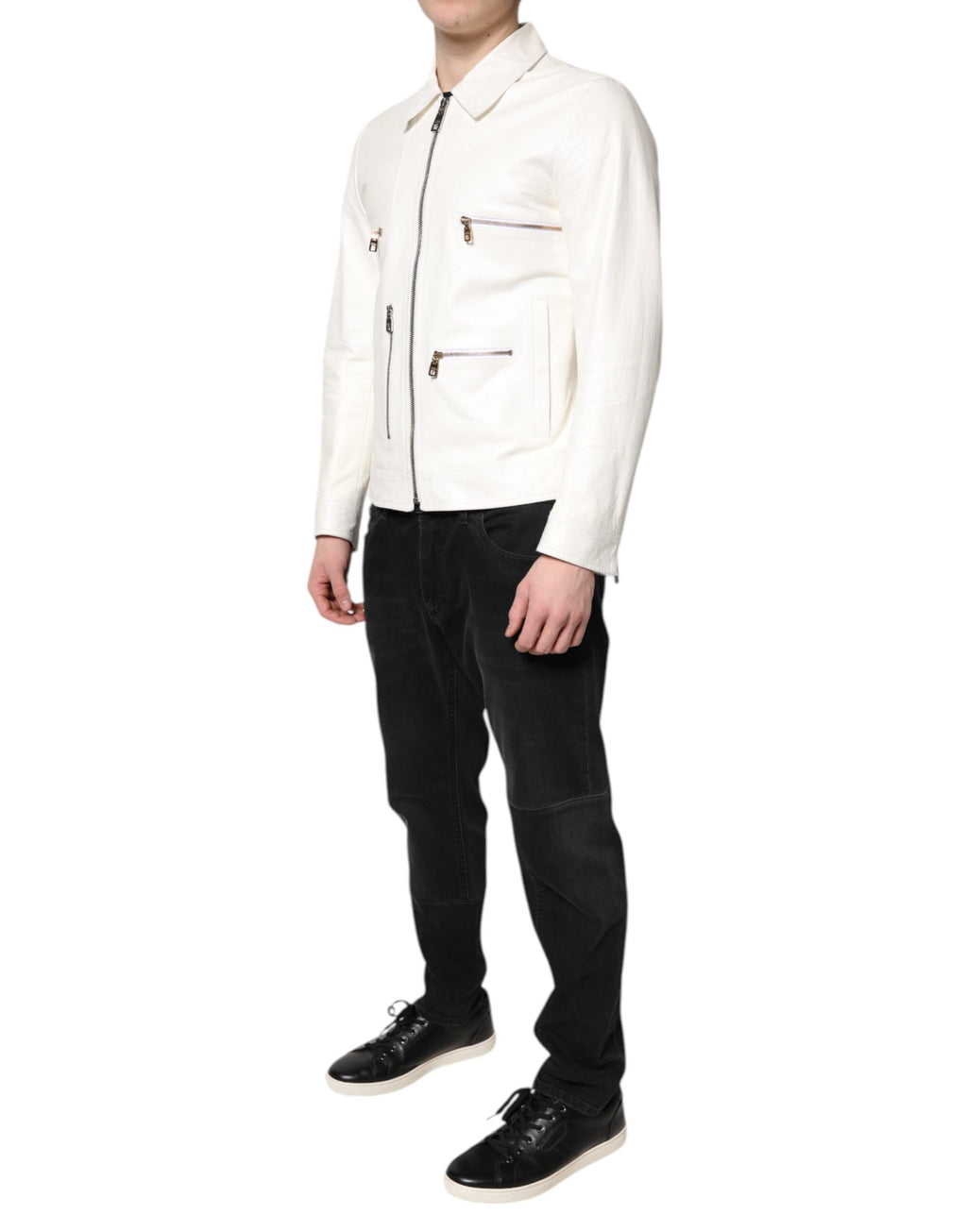 Dolce & Gabbana White Full-Zip Biker Coat