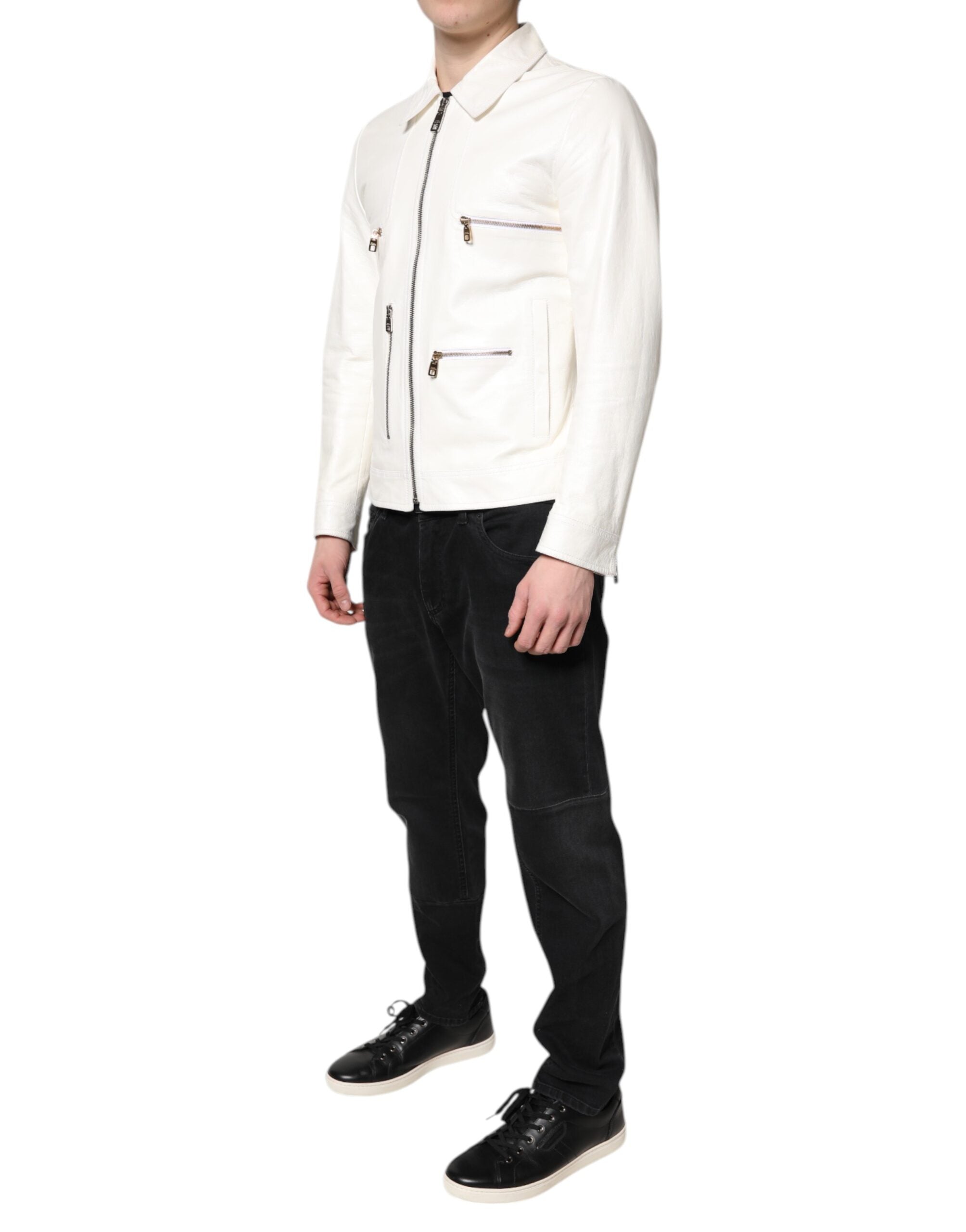 Dolce & Gabbana White Full-Zip Biker Coat