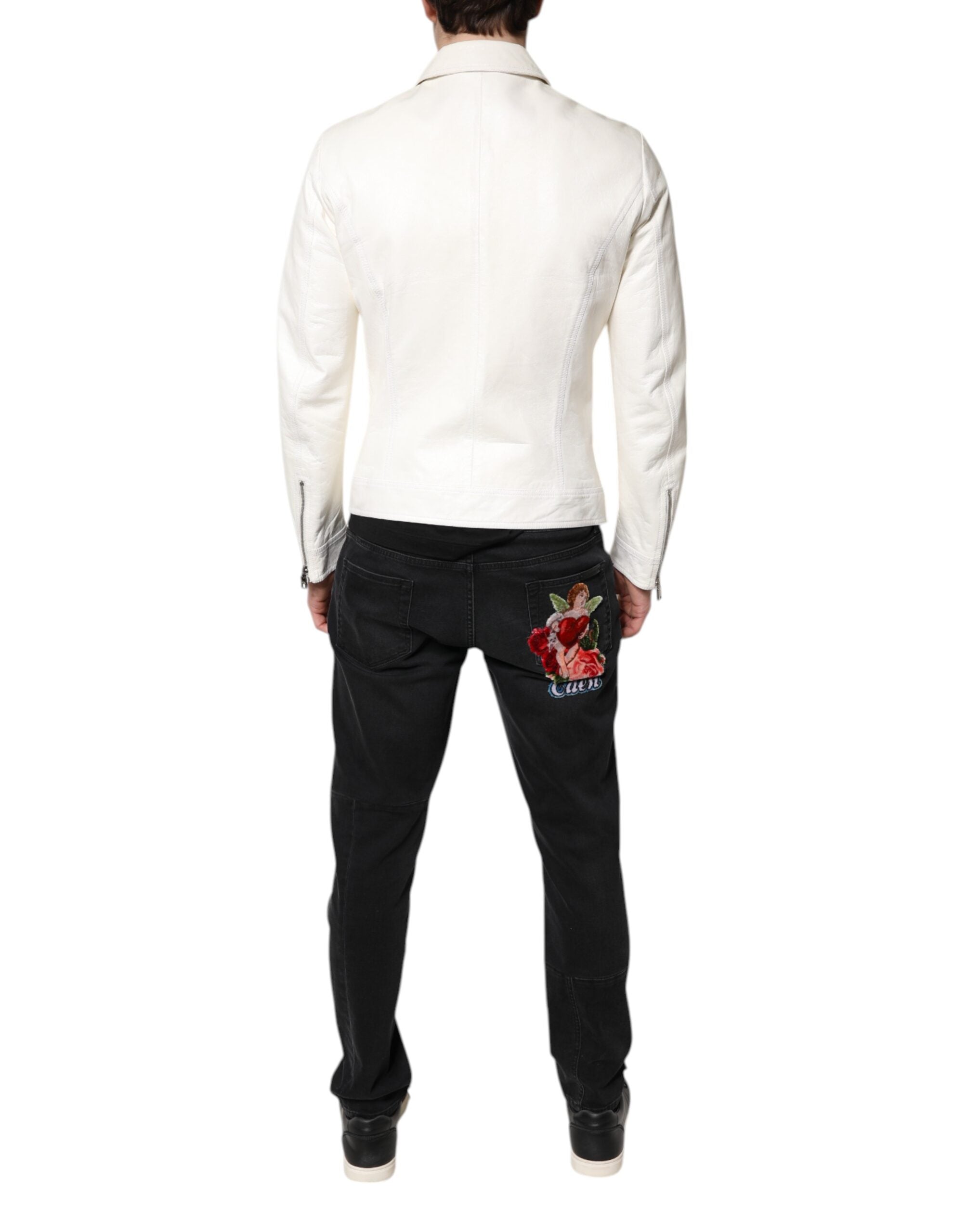 Dolce & Gabbana White Full-Zip Biker Coat