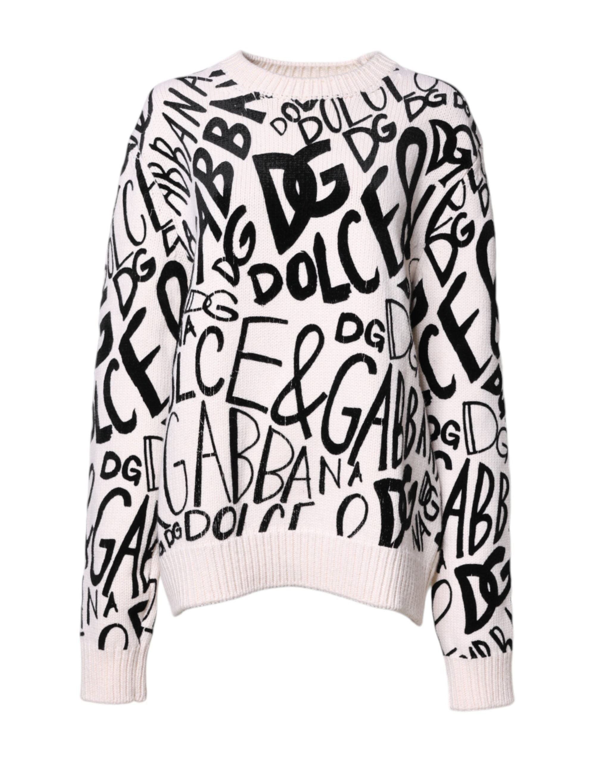 Dolce & Gabbana White Black Logo Print Women's Pullover Sweater