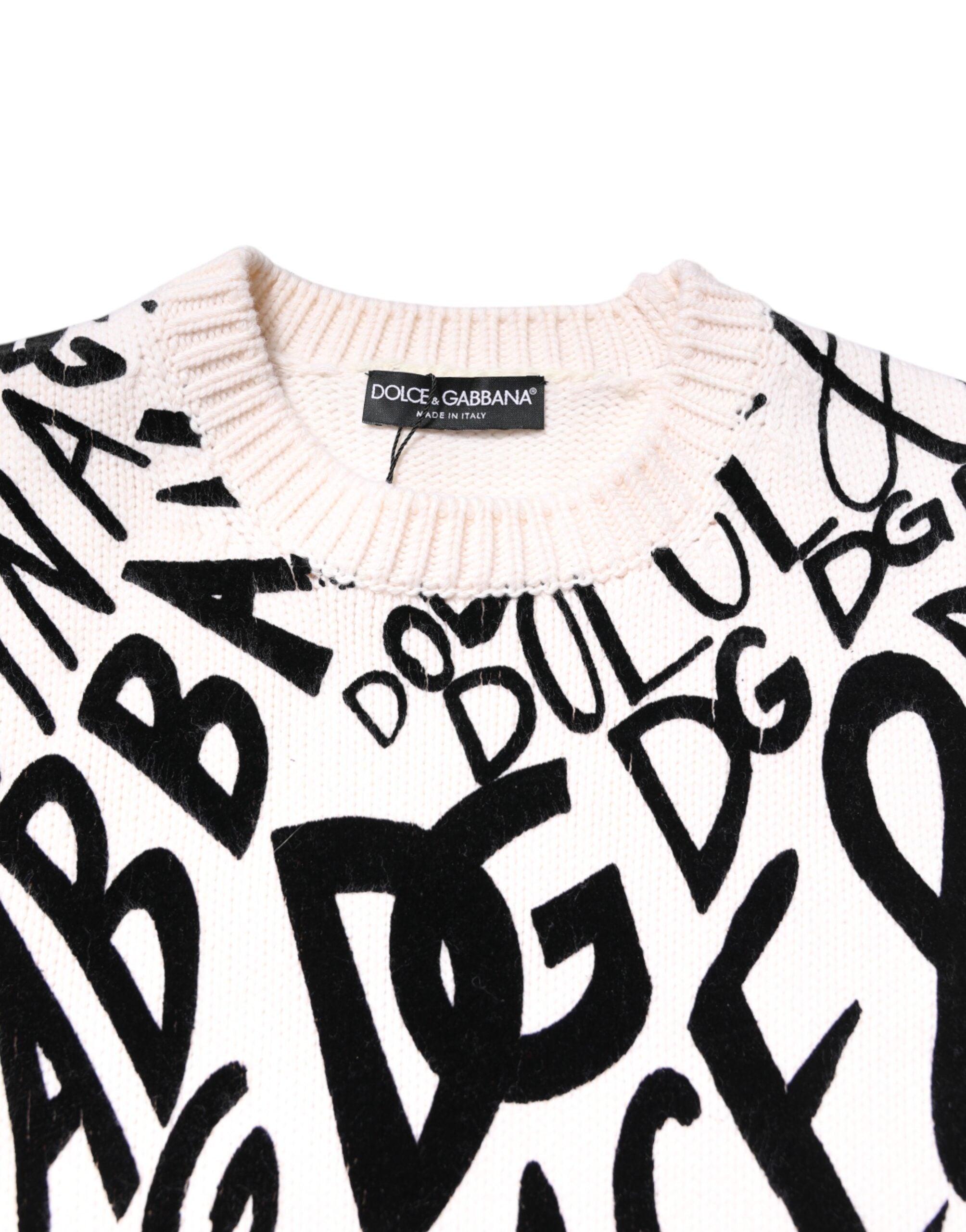 Dolce & Gabbana White Black Logo Print Women's Pullover Sweater