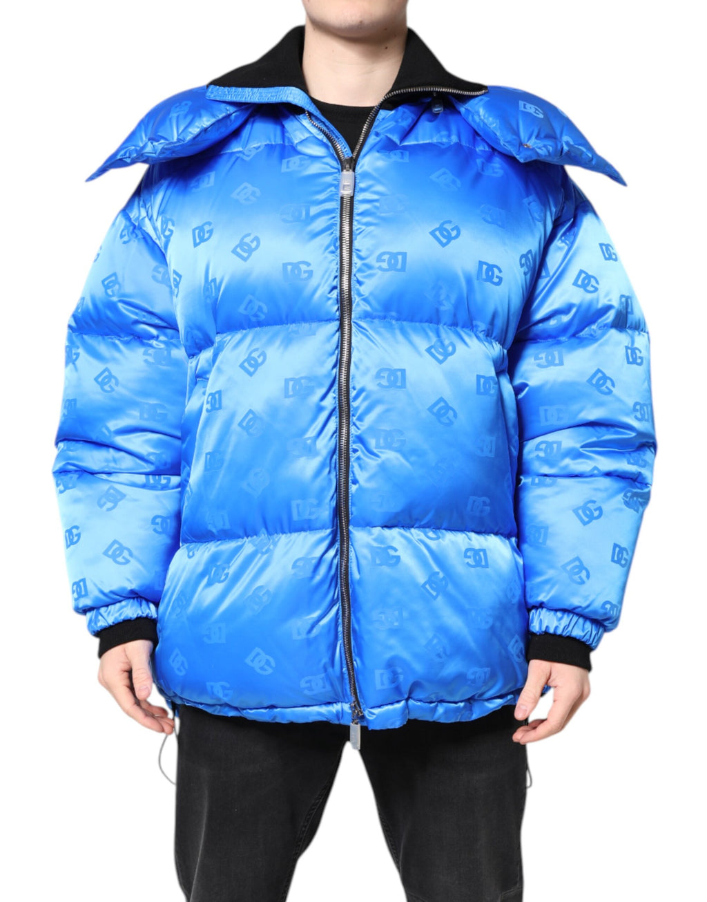 Dolce & Gabbana Blue Logo Hooded Quilted Jacket with Zipper