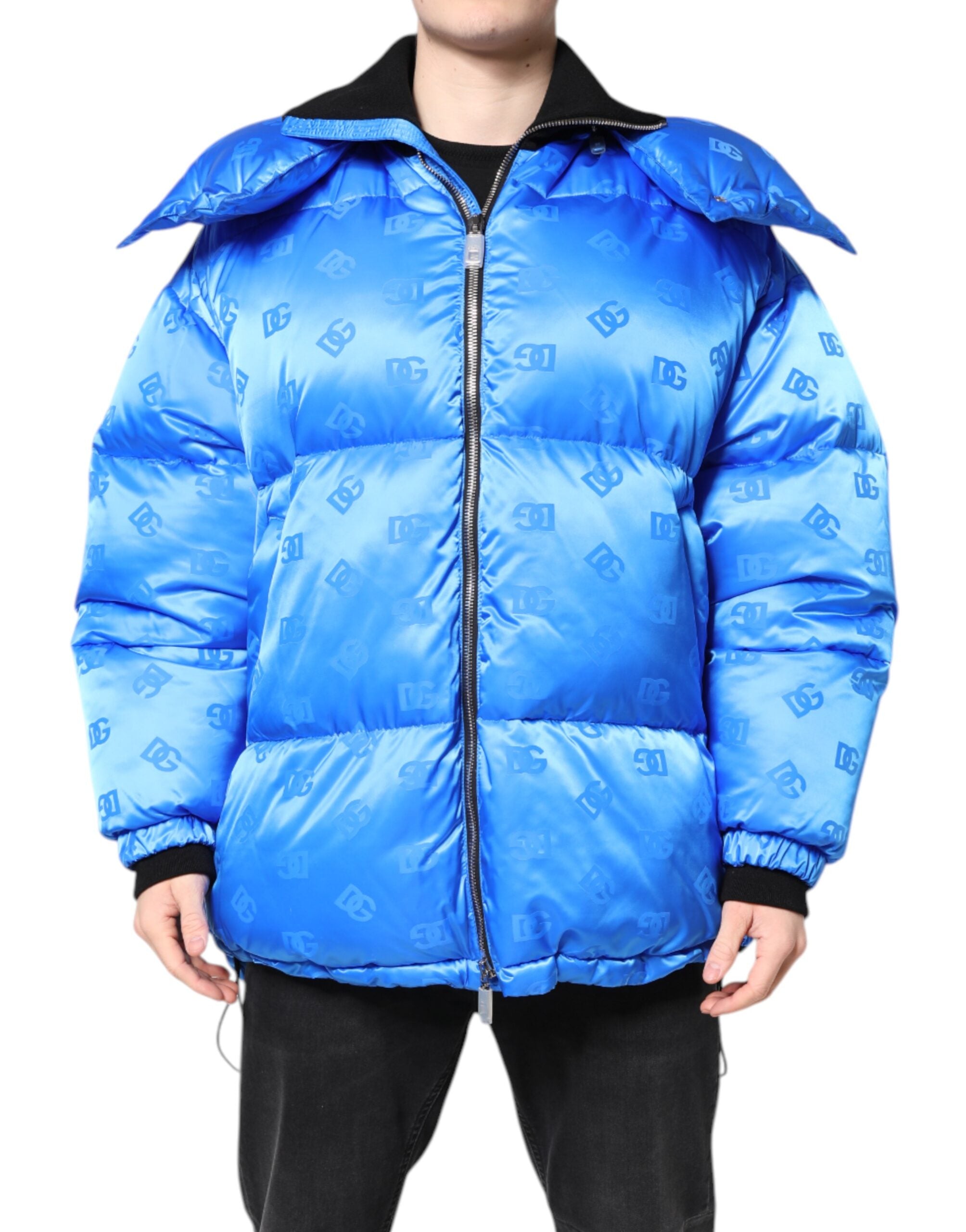 Dolce & Gabbana Blue Logo Hooded Quilted Jacket with Zipper