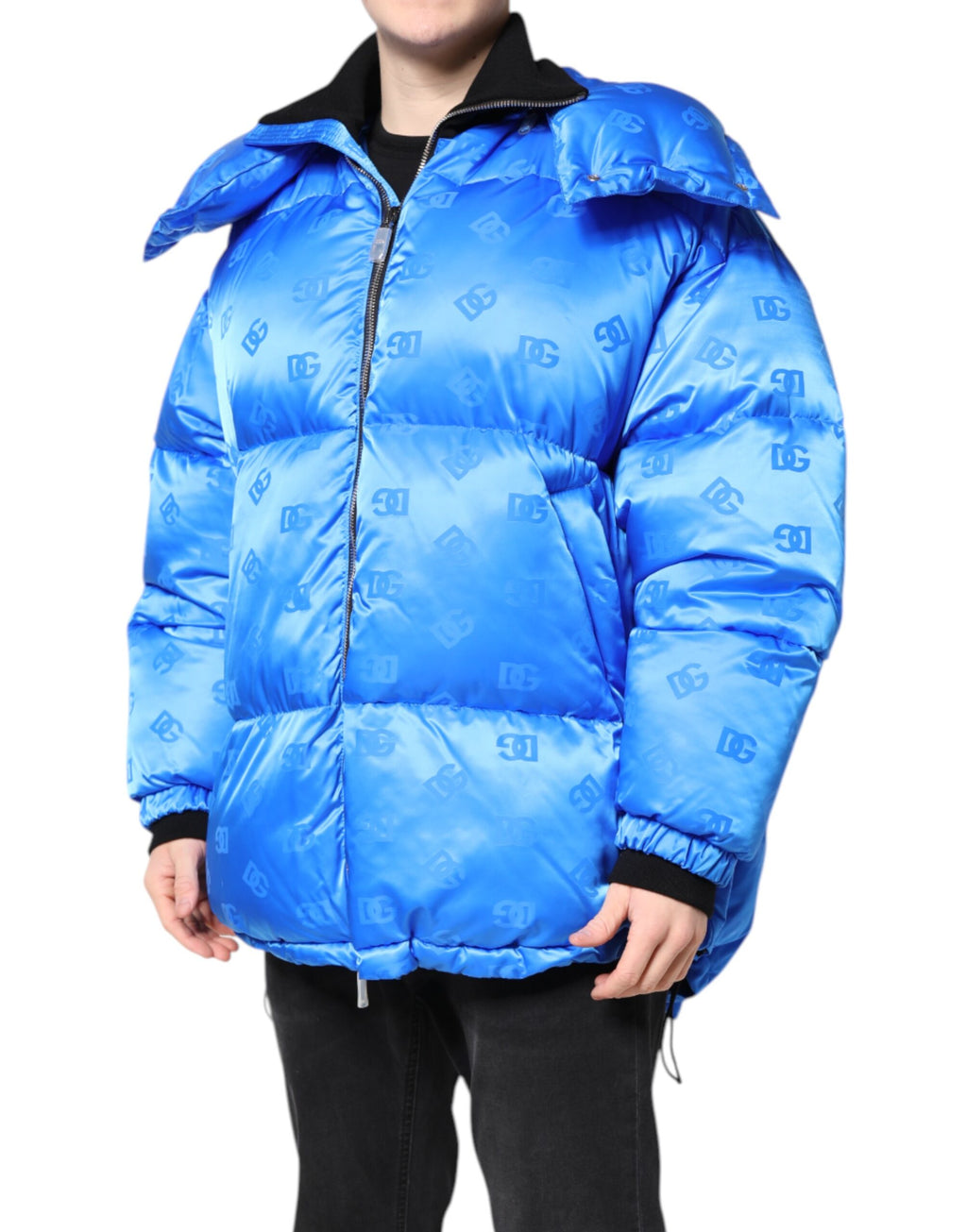 Dolce & Gabbana Blue Logo Hooded Quilted Jacket with Zipper