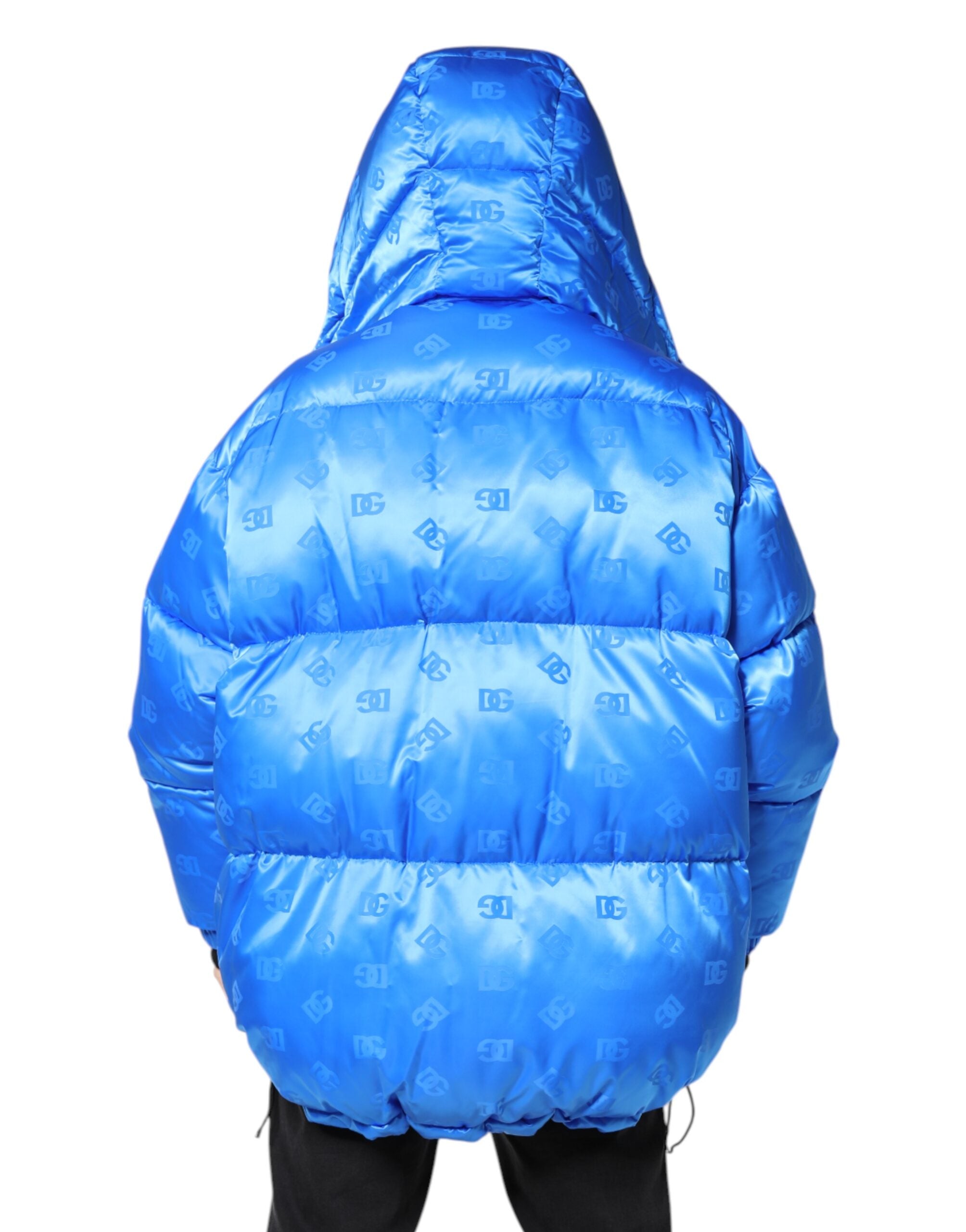 Dolce & Gabbana Blue Logo Hooded Quilted Jacket with Zipper