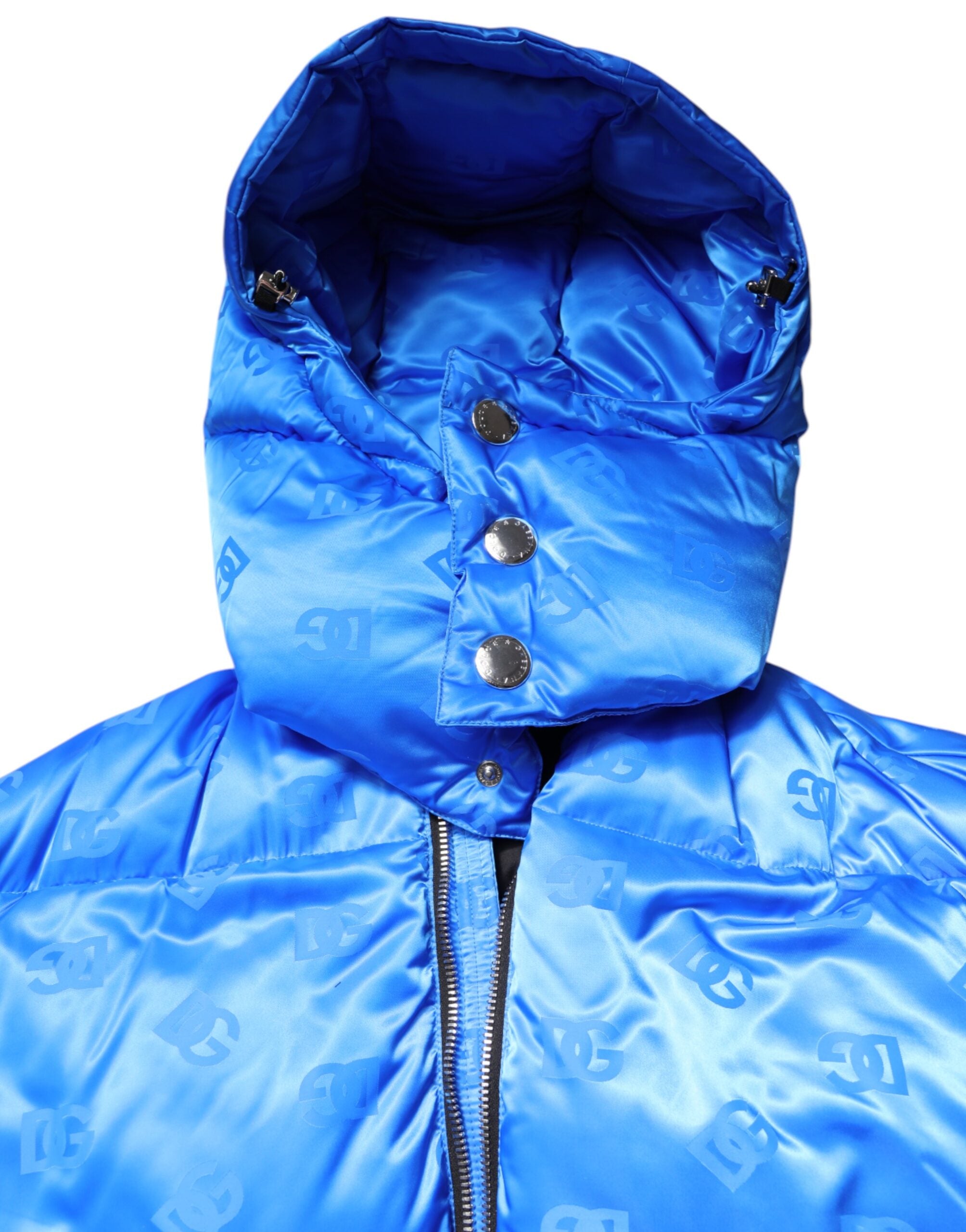 Dolce & Gabbana Blue Logo Hooded Quilted Jacket with Zipper