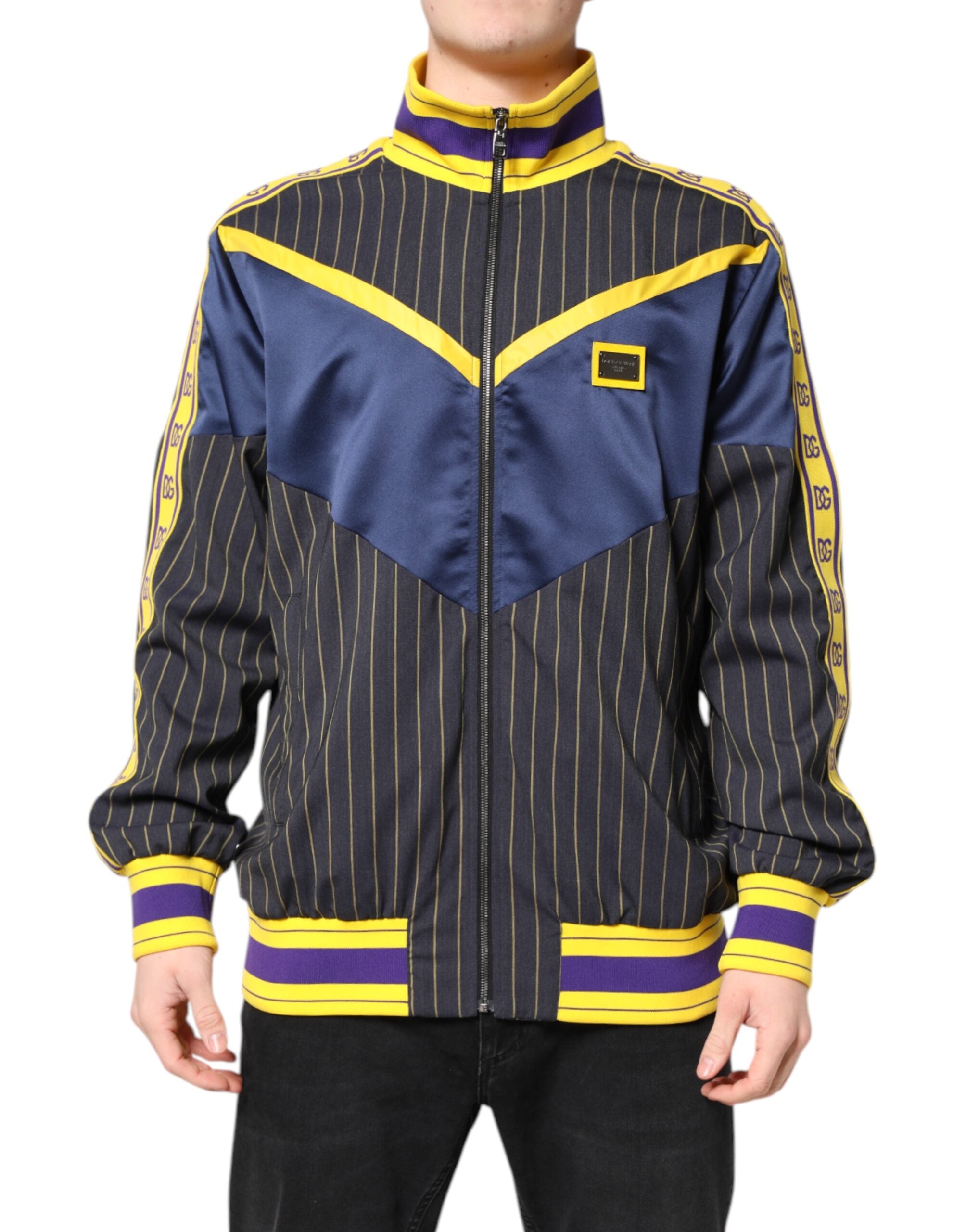 Dolce & Gabbana Black Striped Logo Full-Zip Bomber Jacket