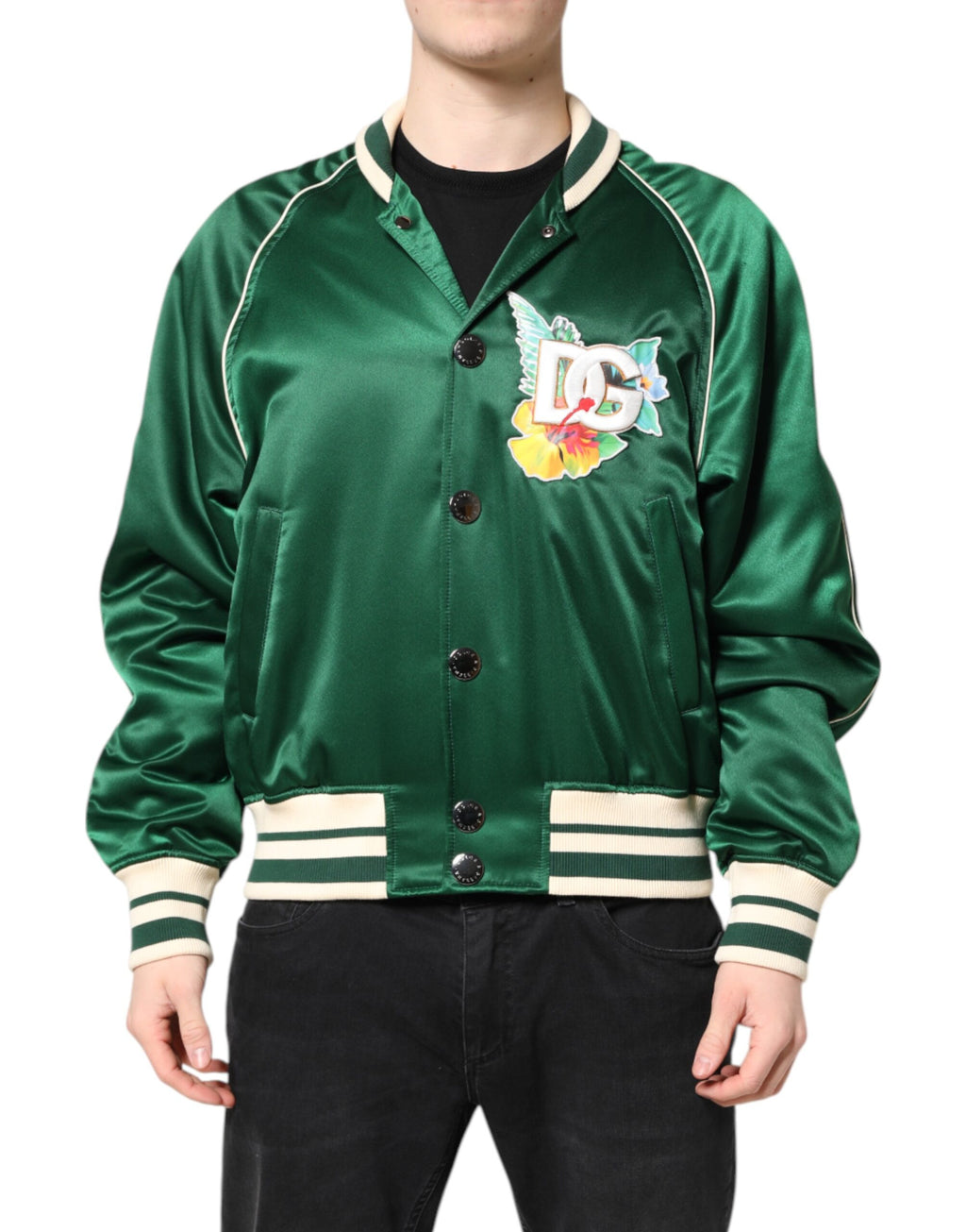 Dolce & Gabbana Green Floral DG Logo Zip-Up Bomber Jacket