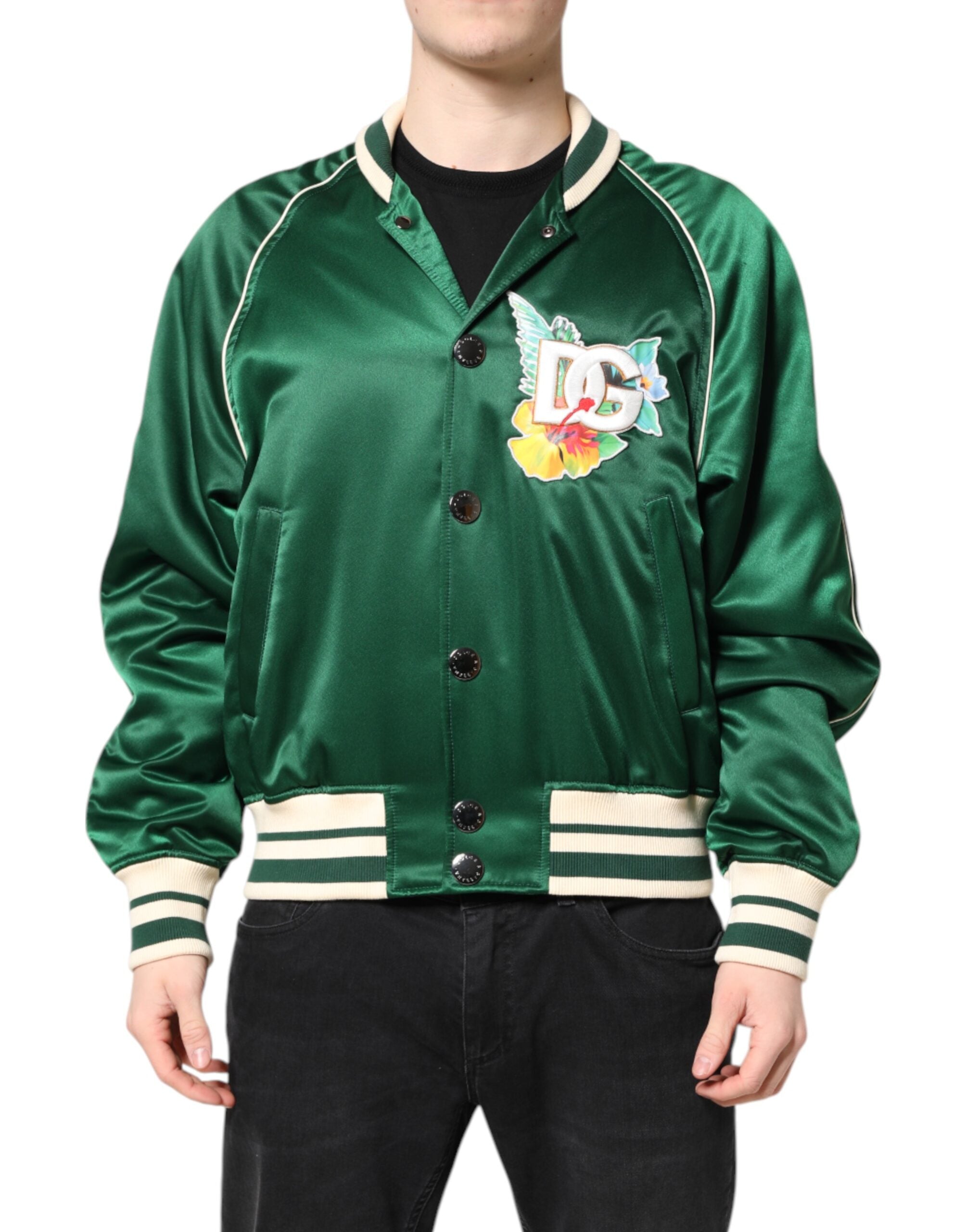 Dolce & Gabbana Green Floral DG Logo Zip-Up Bomber Jacket