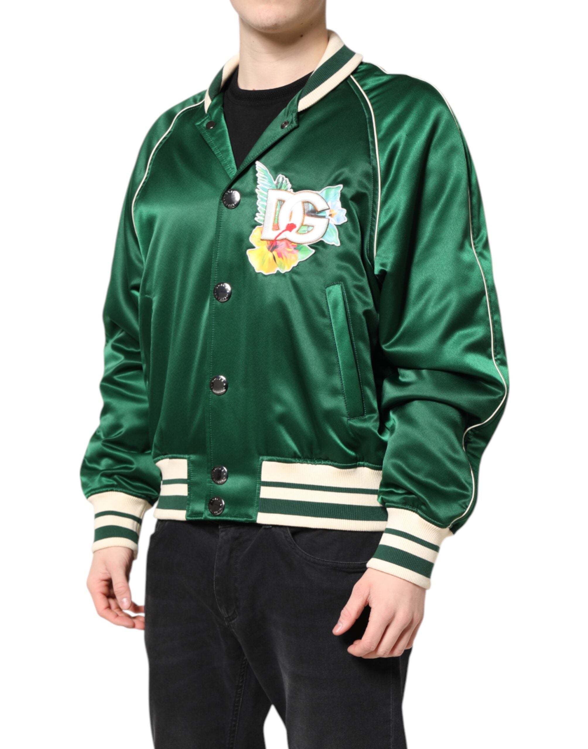 Dolce & Gabbana Green Floral DG Logo Zip-Up Bomber Jacket