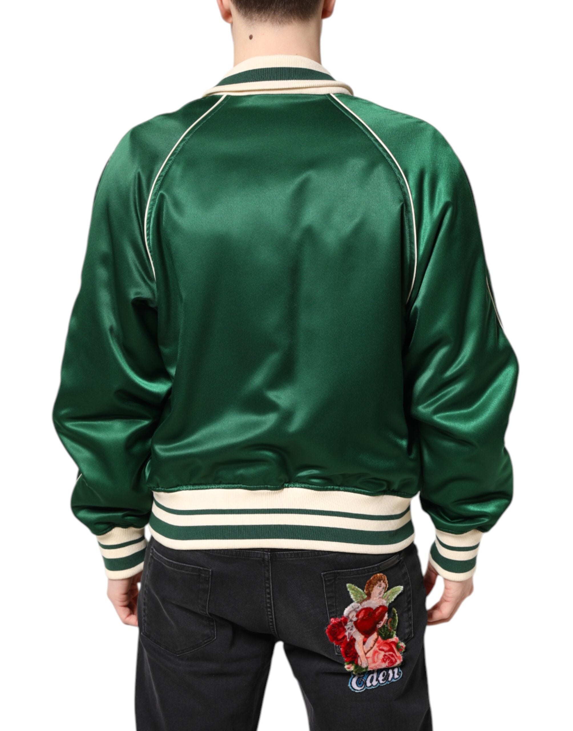 Dolce & Gabbana Green Floral DG Logo Zip-Up Bomber Jacket