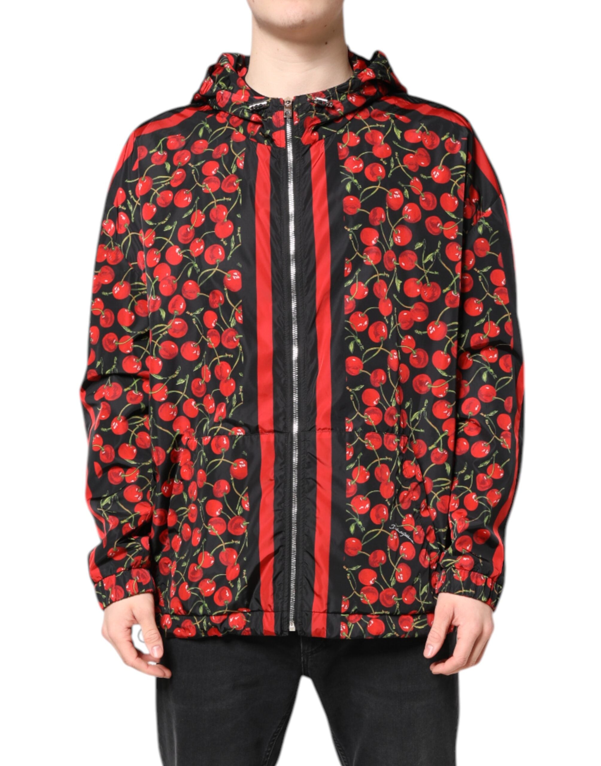 Dolce & Gabbana Black Cherry-Print Hooded Windbreaker Jacket