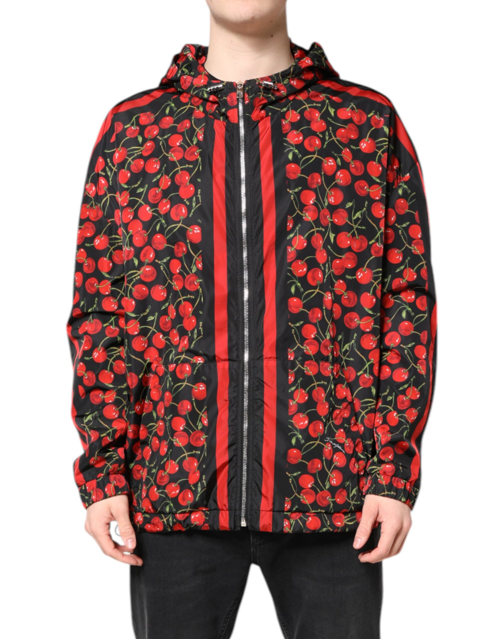 Dolce & Gabbana Black Cherry-Print Hooded Windbreaker Jacket