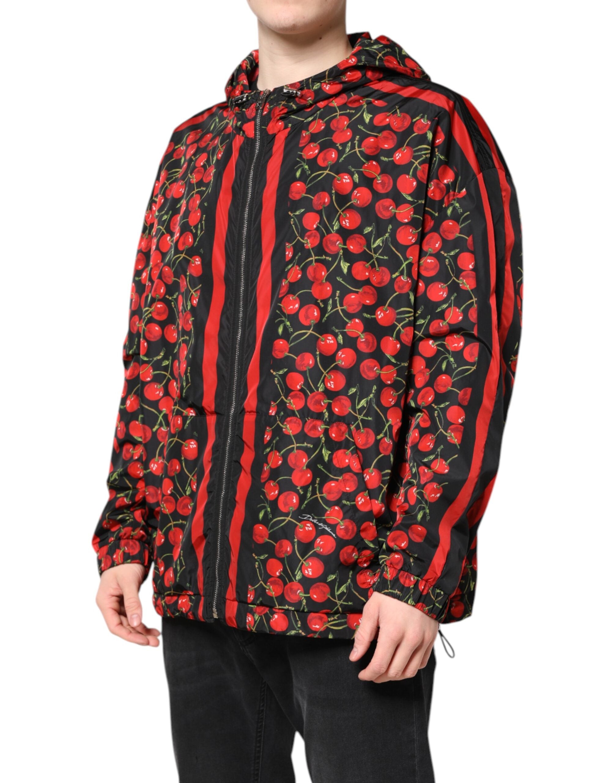 Dolce & Gabbana Black Cherry-Print Hooded Windbreaker Jacket