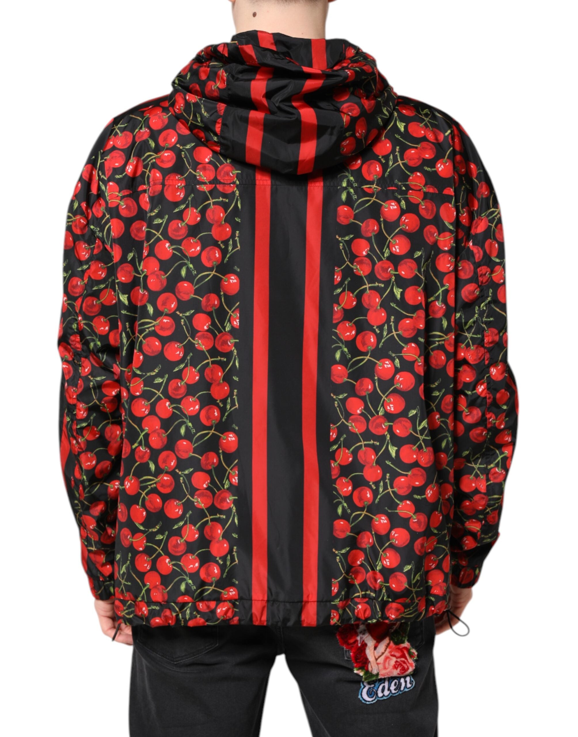 Dolce & Gabbana Black Cherry-Print Hooded Windbreaker Jacket