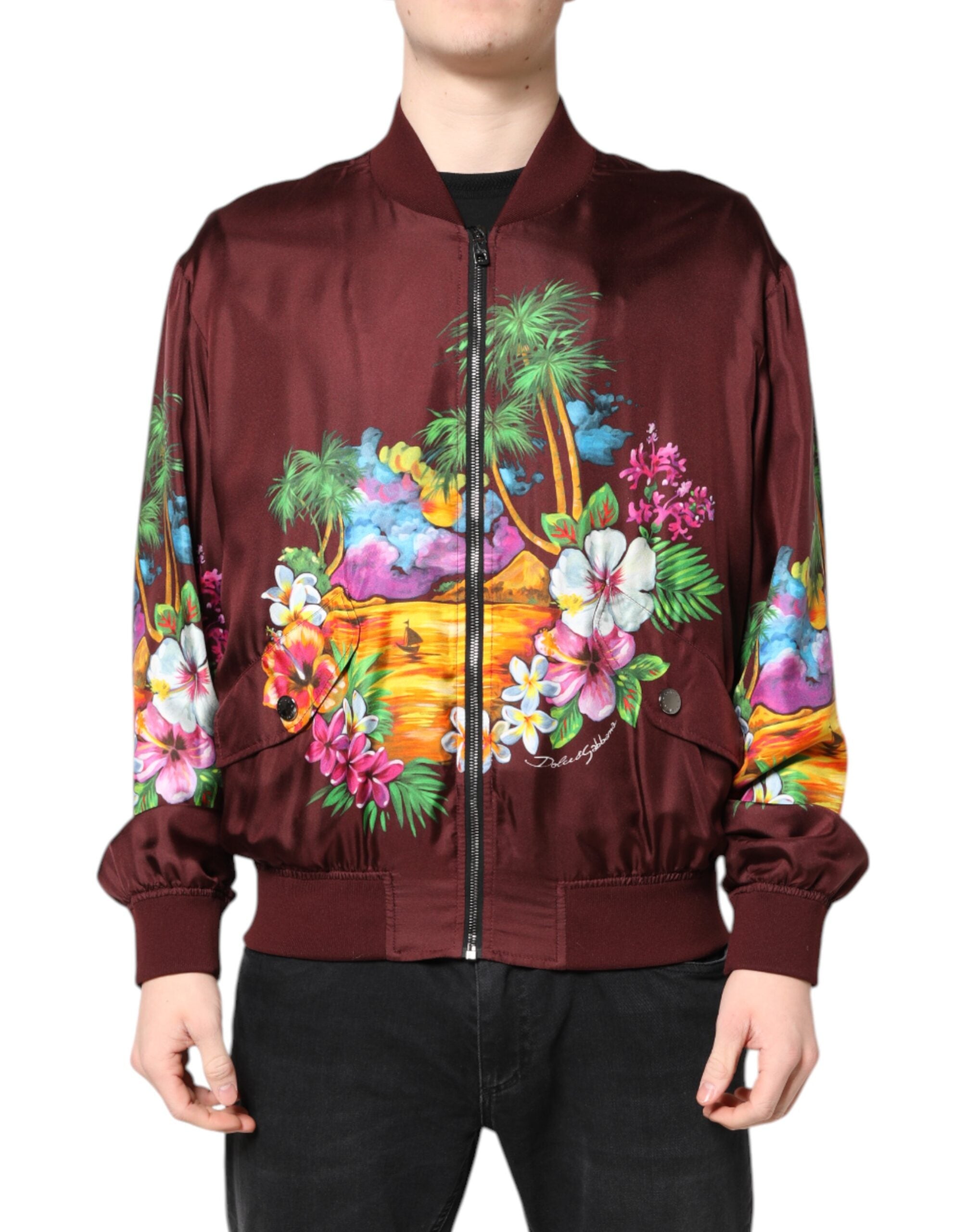 Dolce & Gabbana Maroon Floral Print Zip-Up Bomber Jacket