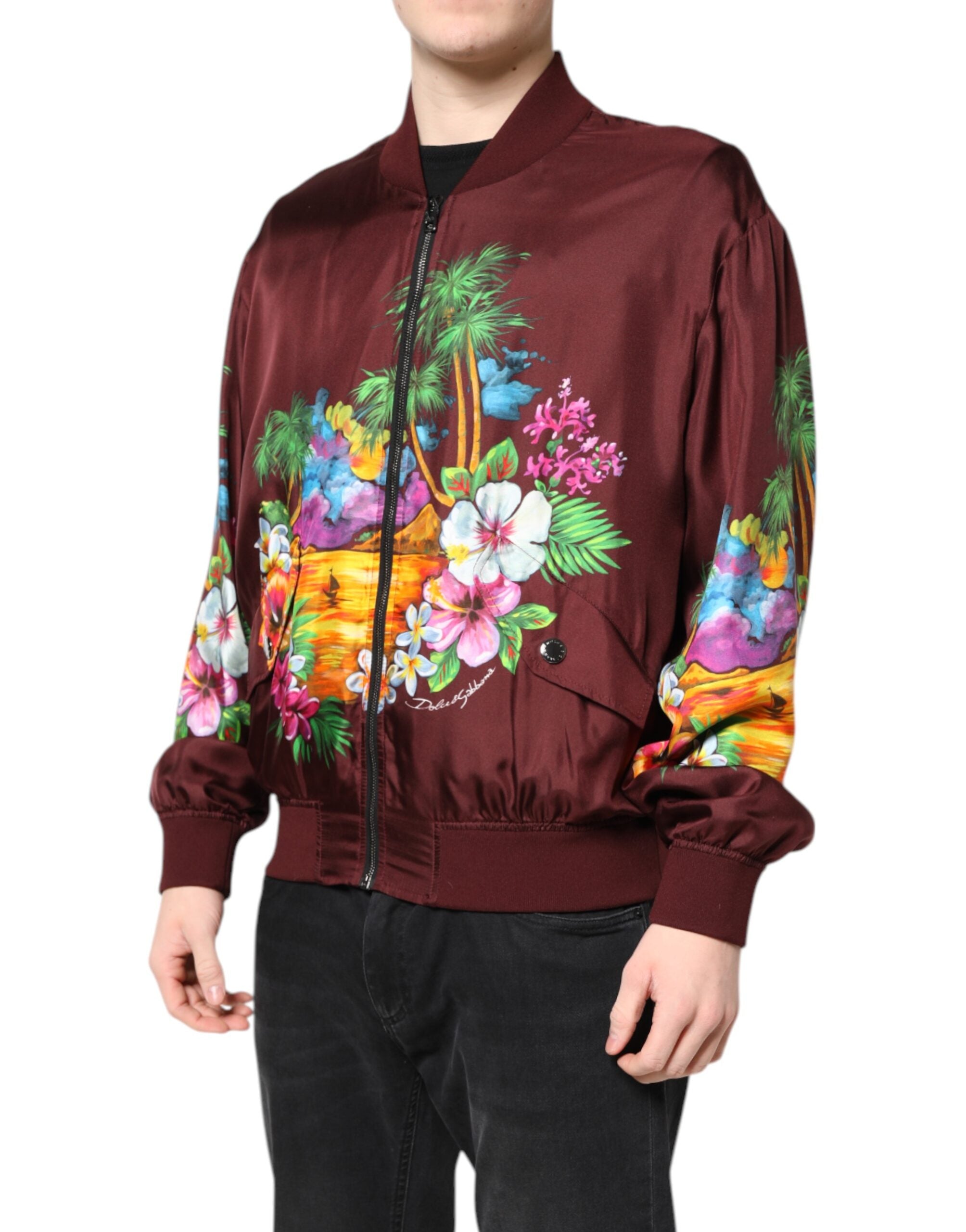 Dolce & Gabbana Maroon Floral Print Zip-Up Bomber Jacket