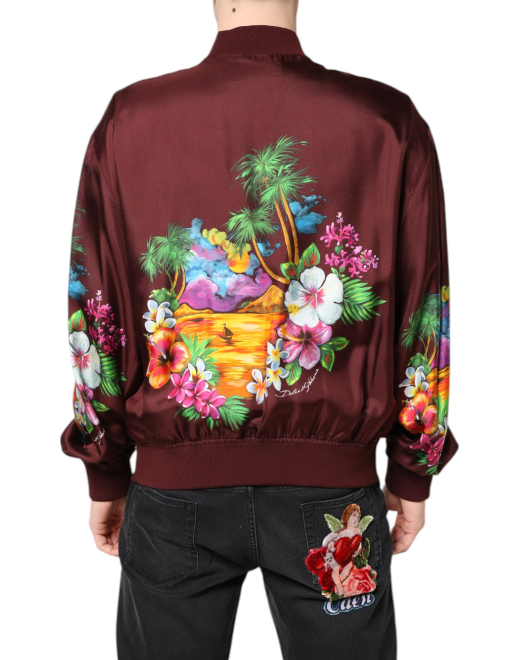 Dolce & Gabbana Maroon Floral Print Zip-Up Bomber Jacket