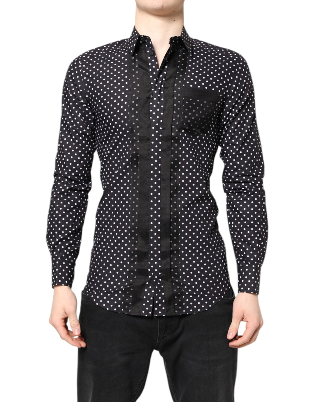Dolce & Gabbana Black Polka Dot Long Sleeve Shirt, Gold, Formal