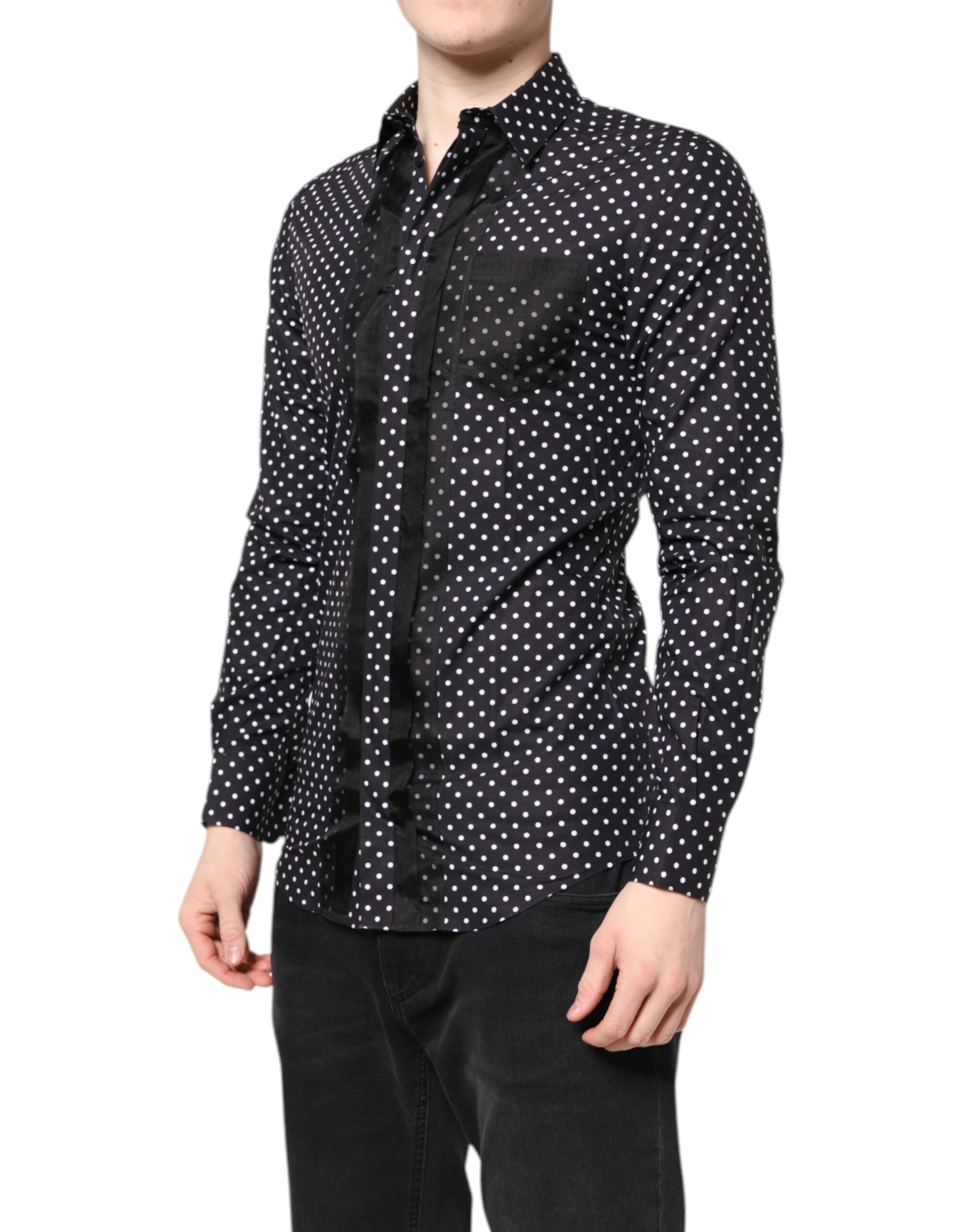 Dolce & Gabbana Black Polka Dot Long Sleeve Shirt, Gold, Formal