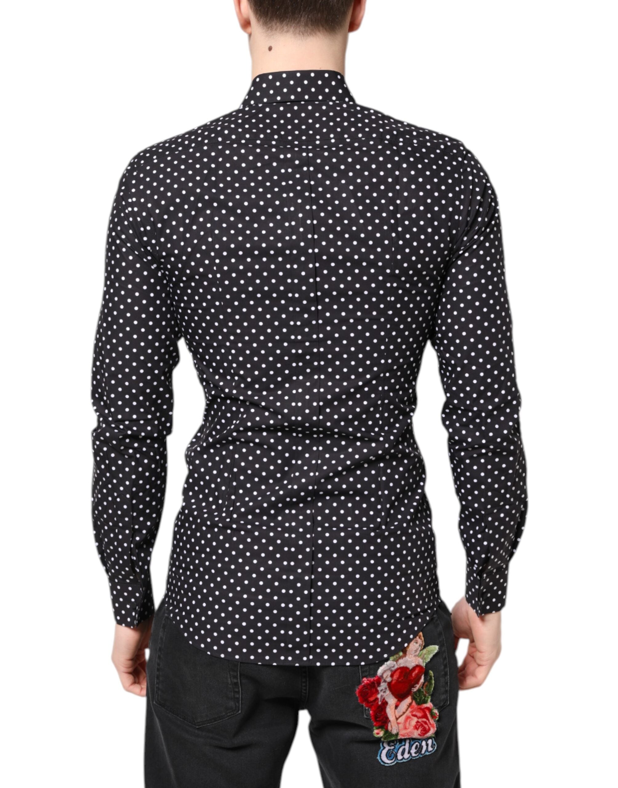 Dolce & Gabbana Black Polka Dot Long Sleeve Shirt, Gold, Formal
