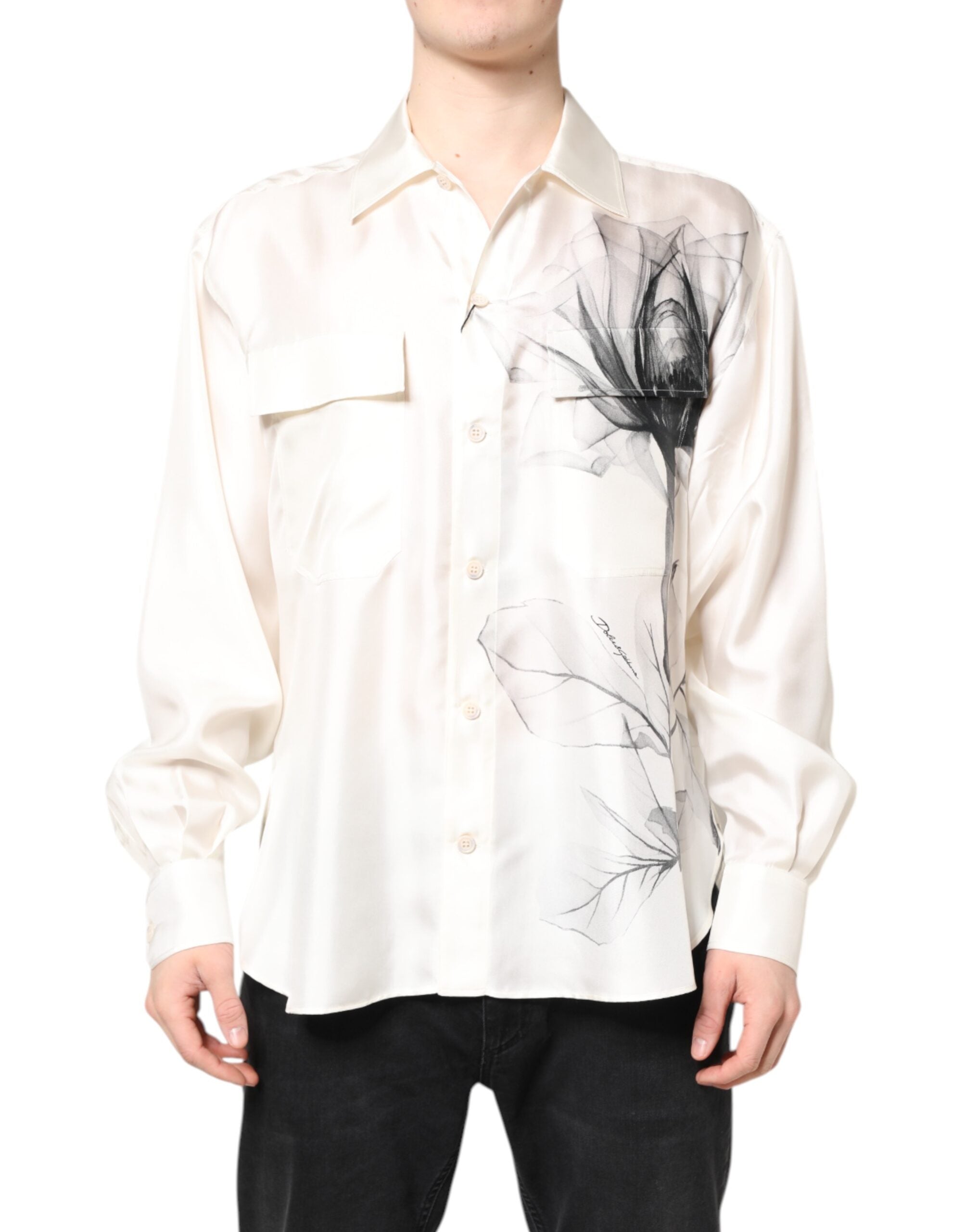 Dolce & Gabbana Men's Ivory Long Sleeve Silk Casual Shirt